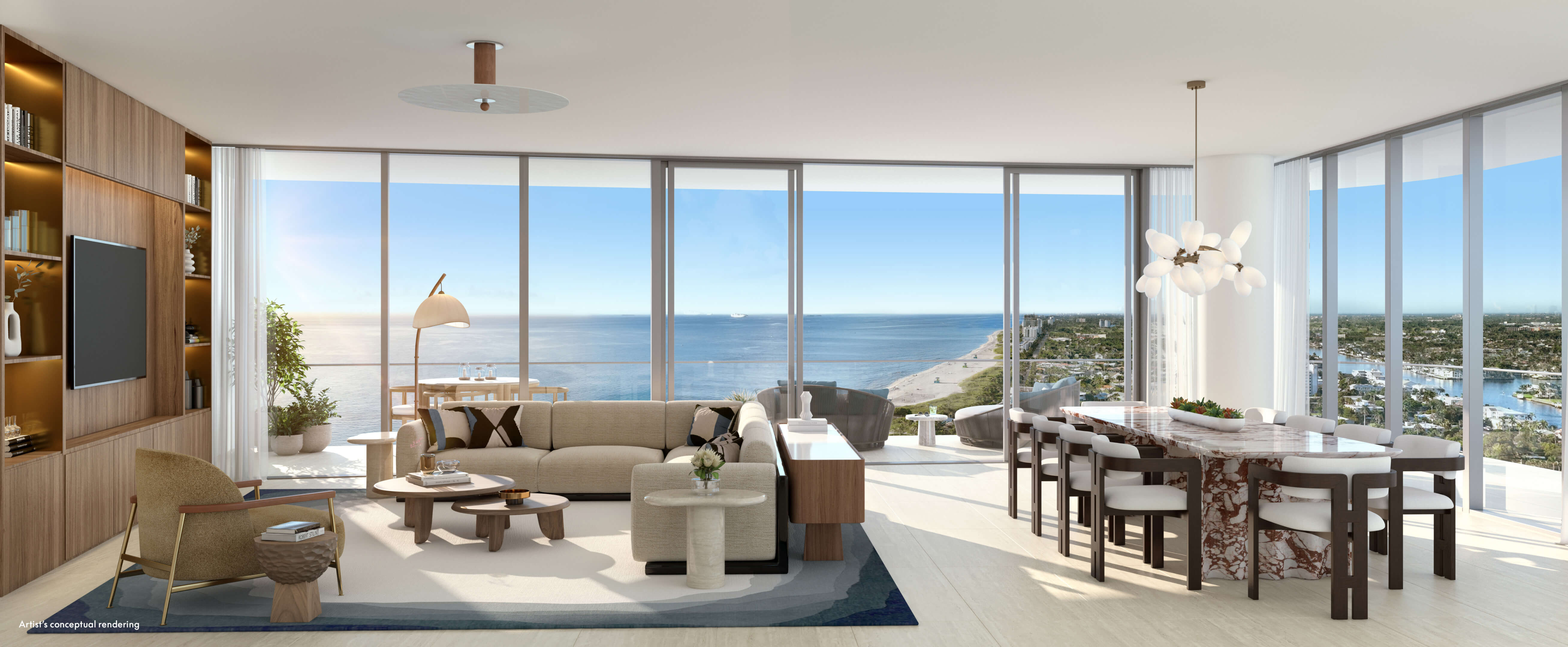 Open concept living and dining room at W Pompano Beach with panoramic ocean views