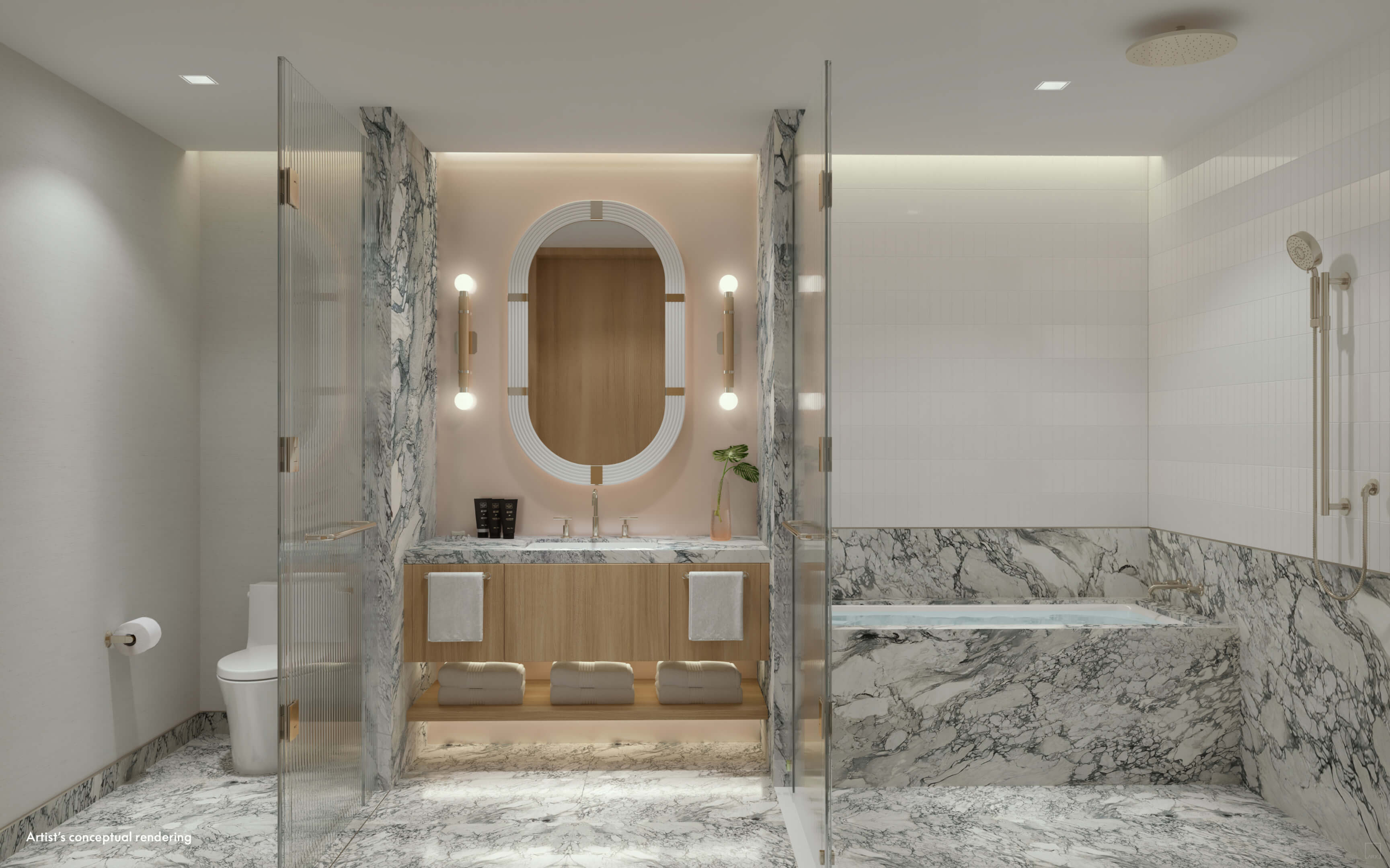Luxurious marble bathroom at W Pompano Beach with modern fixtures and bathtub