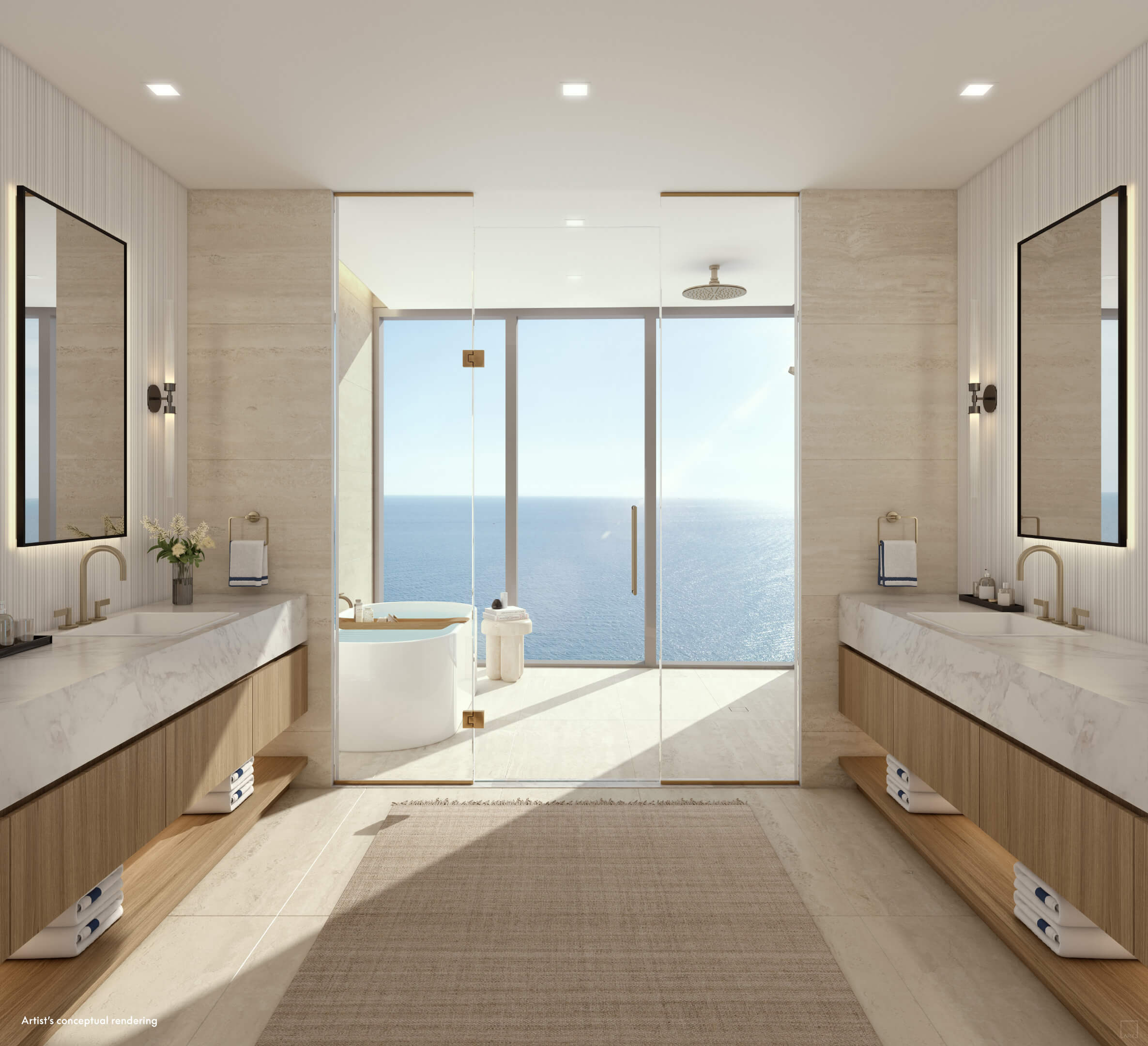 Oceanfront master bathroom at W Pompano Beach with soaking tub and dual vanities