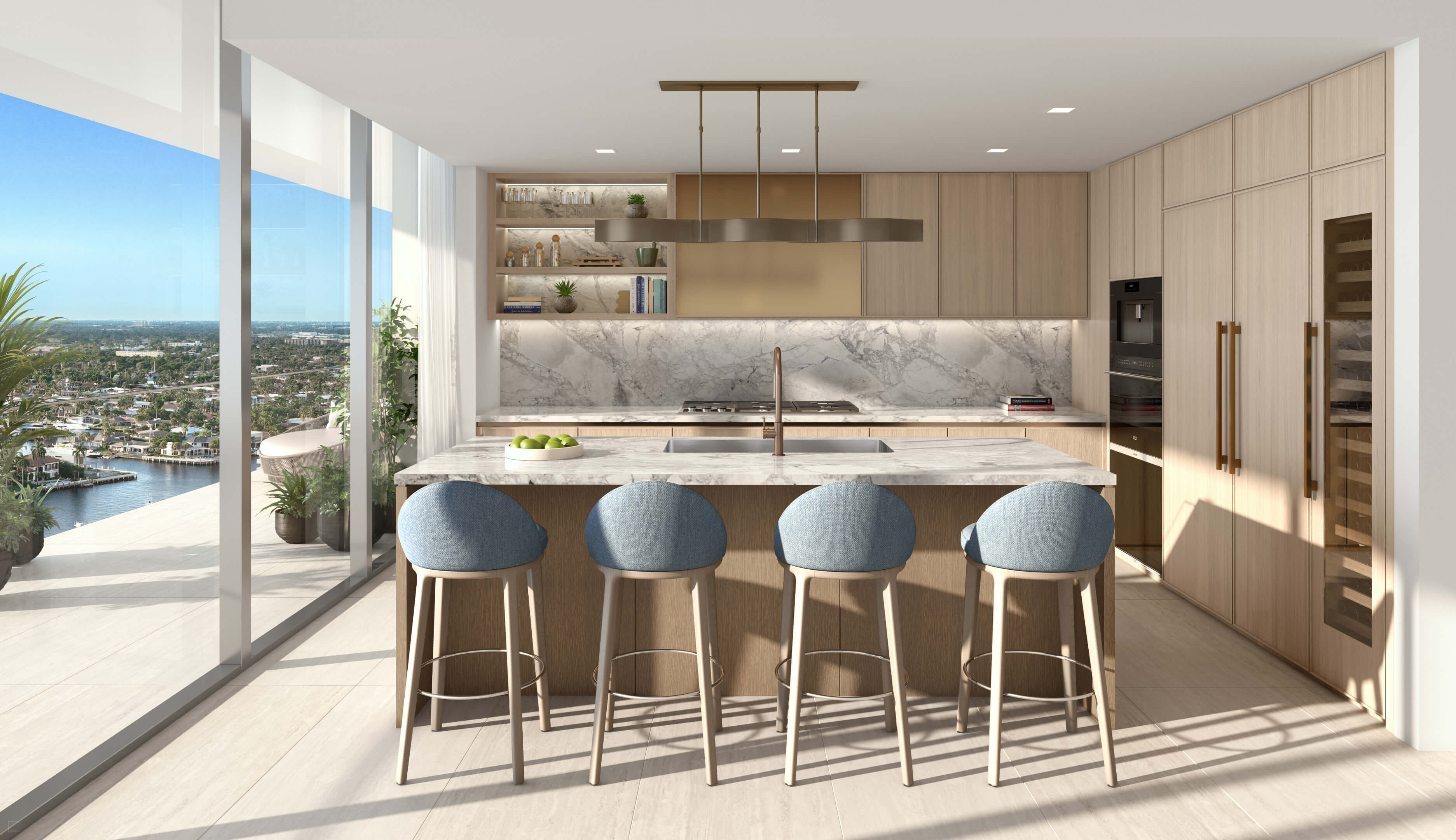 W Pompano Beach kitchen with marble countertops, built-in appliances, and city views