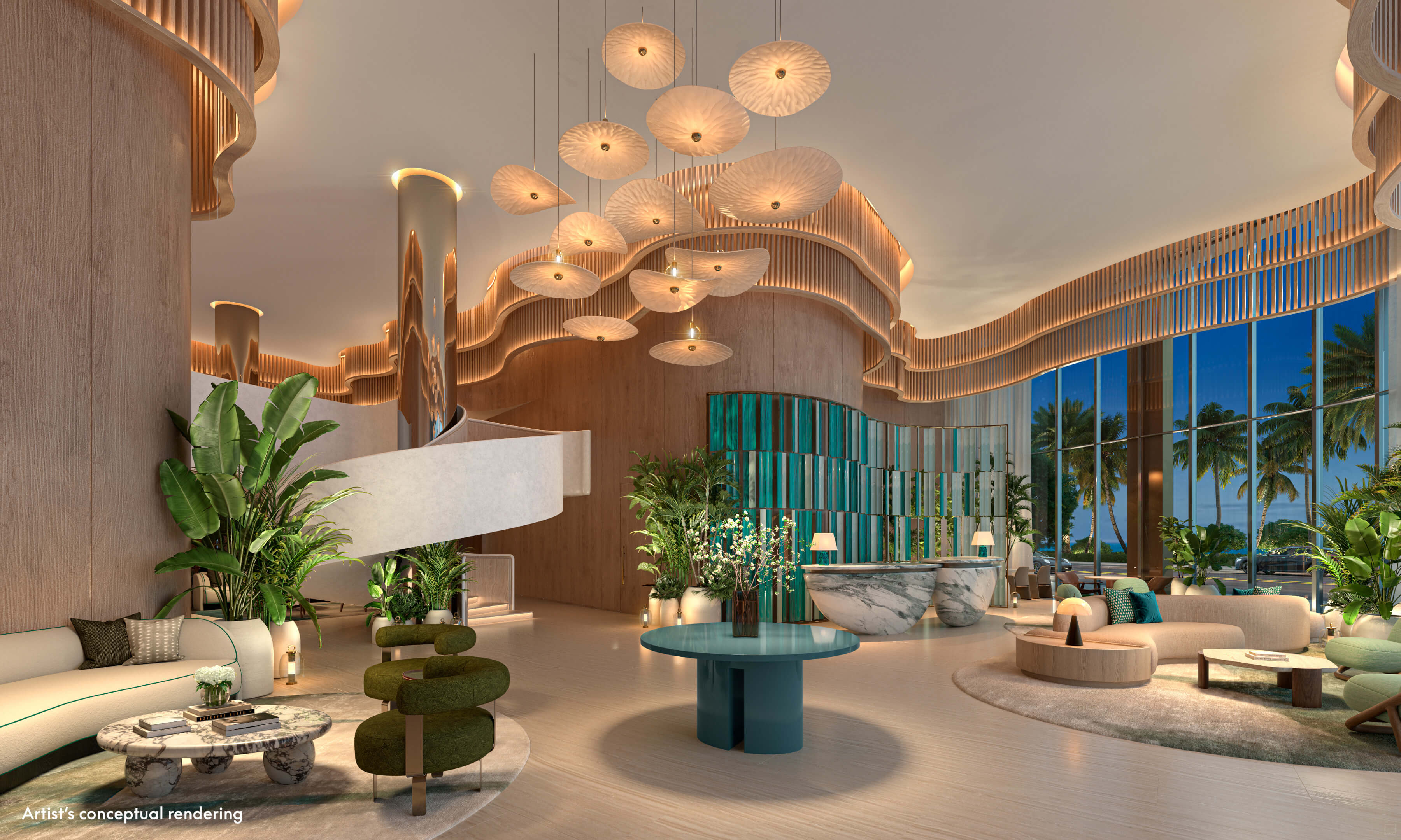 W Pompano Beach modern lobby design with sculptural lighting and elegant decor
