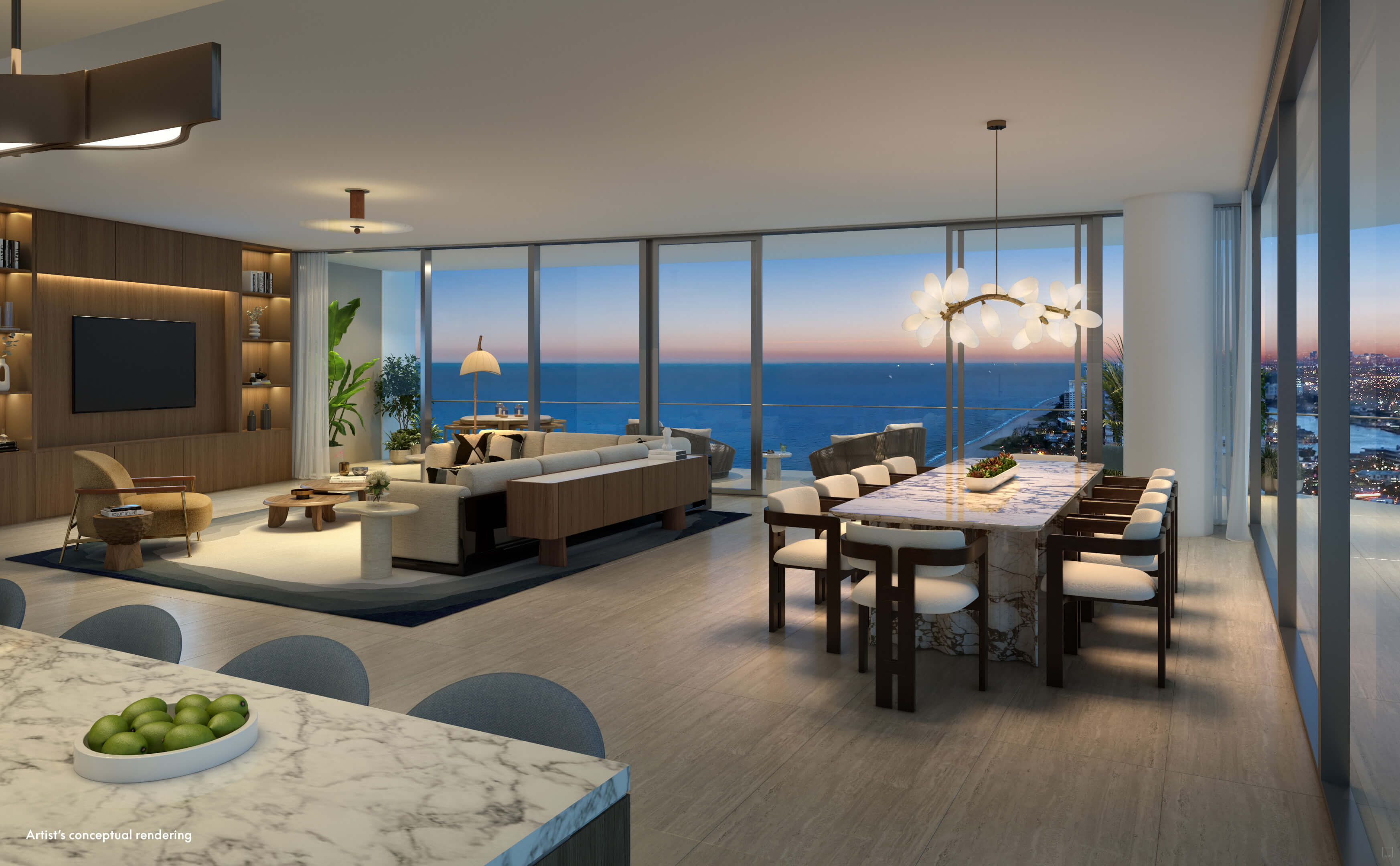 Interior penthouse view at W Pompano Beach with ocean-facing dining and living area