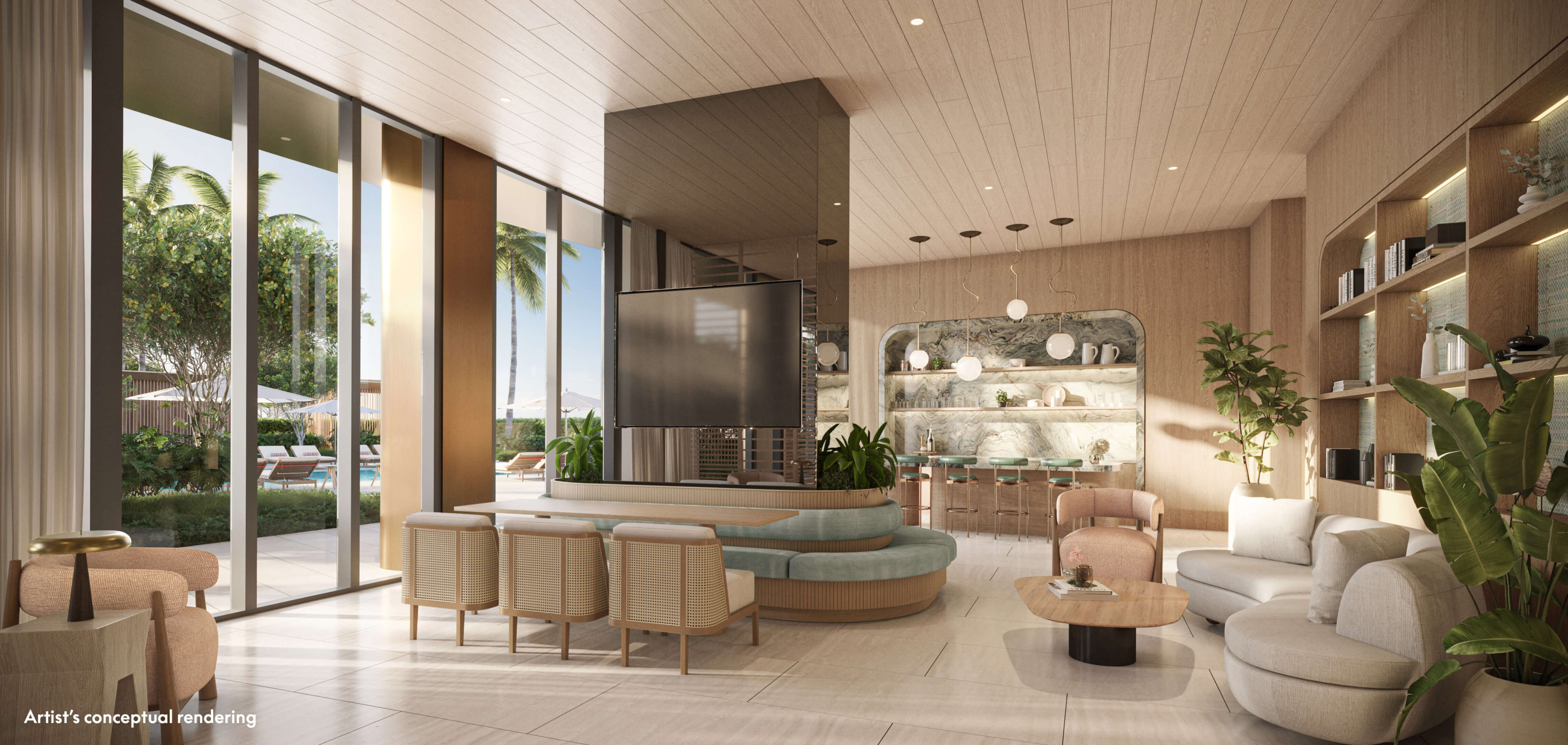 Poolside lounge and café at W Pompano Beach with natural light and modern decor
