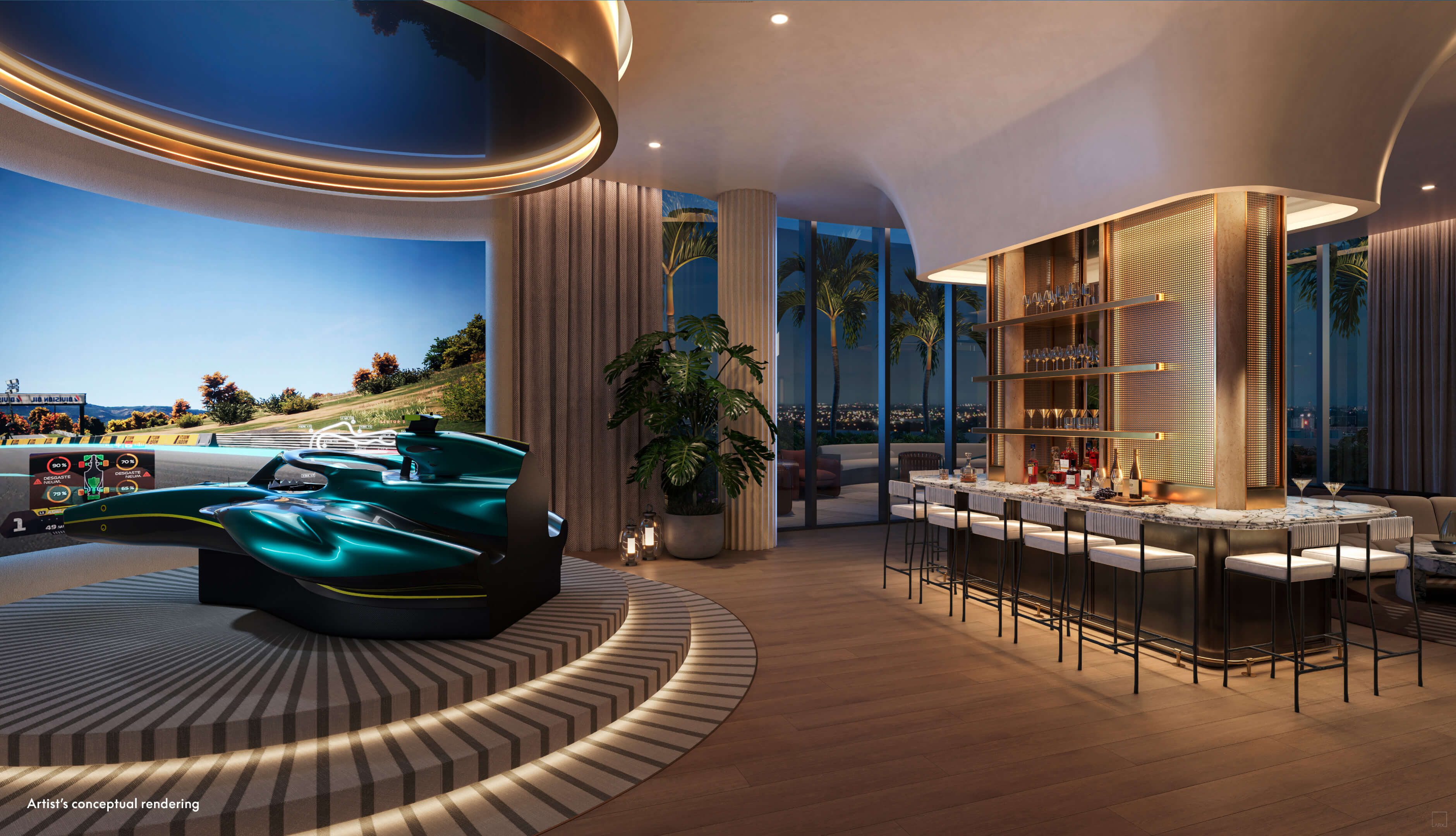 Racing simulator and bar lounge at W Pompano Beach for luxury entertainment