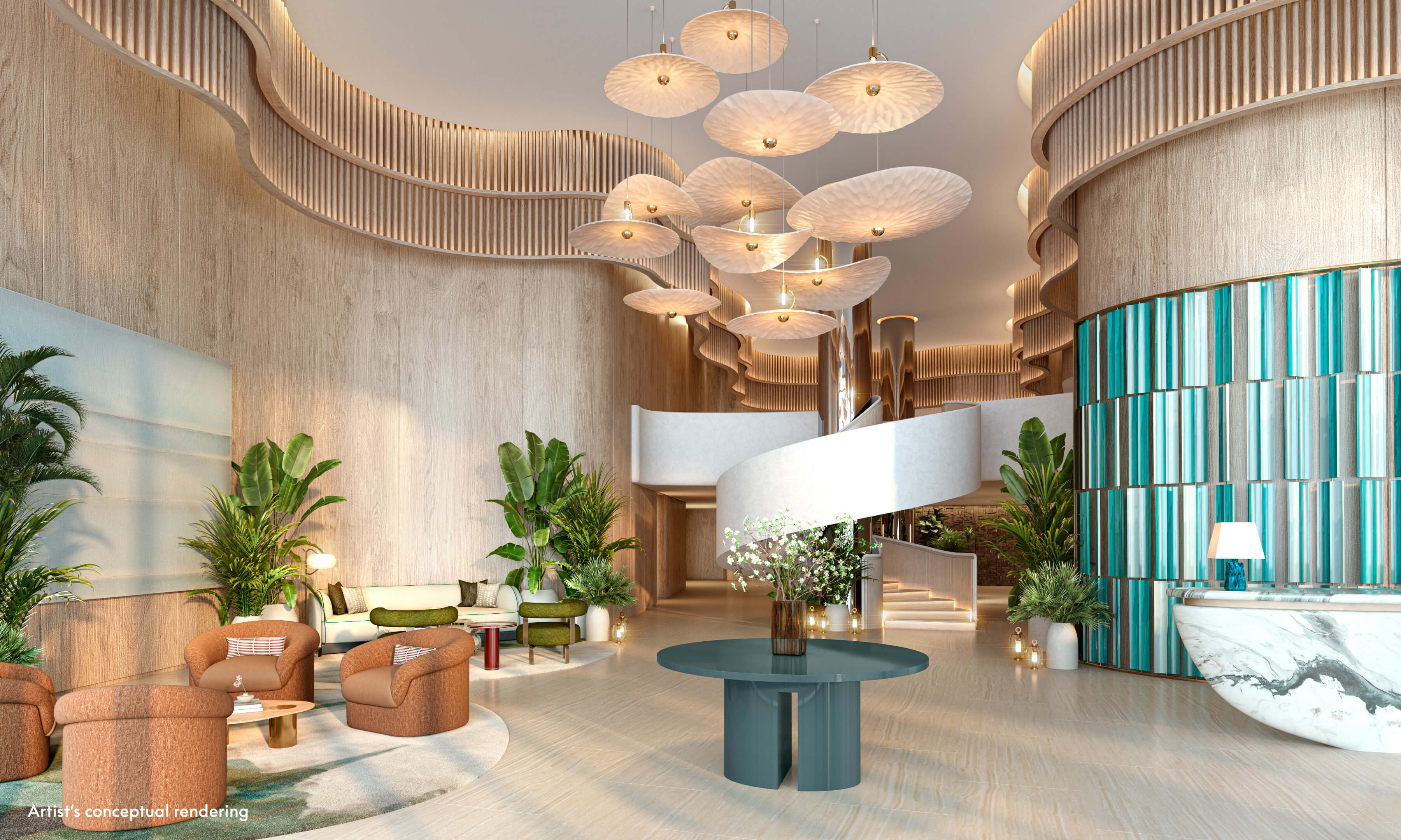 Reception area of W Pompano Beach with sweeping staircase and stylish lounge space