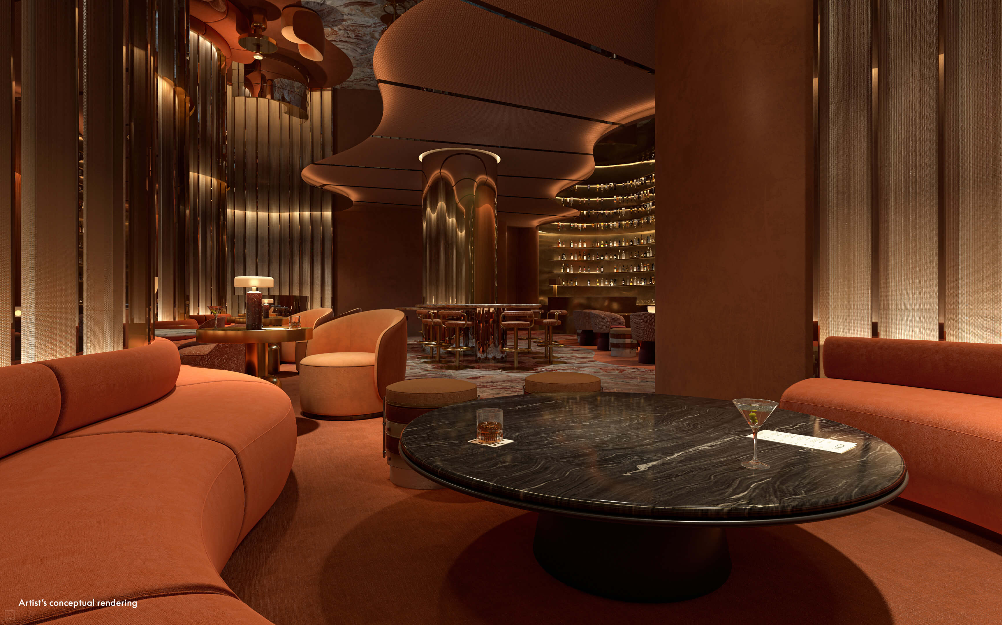 Signature speakeasy-style bar at W Pompano Beach with plush red decor and low lighting