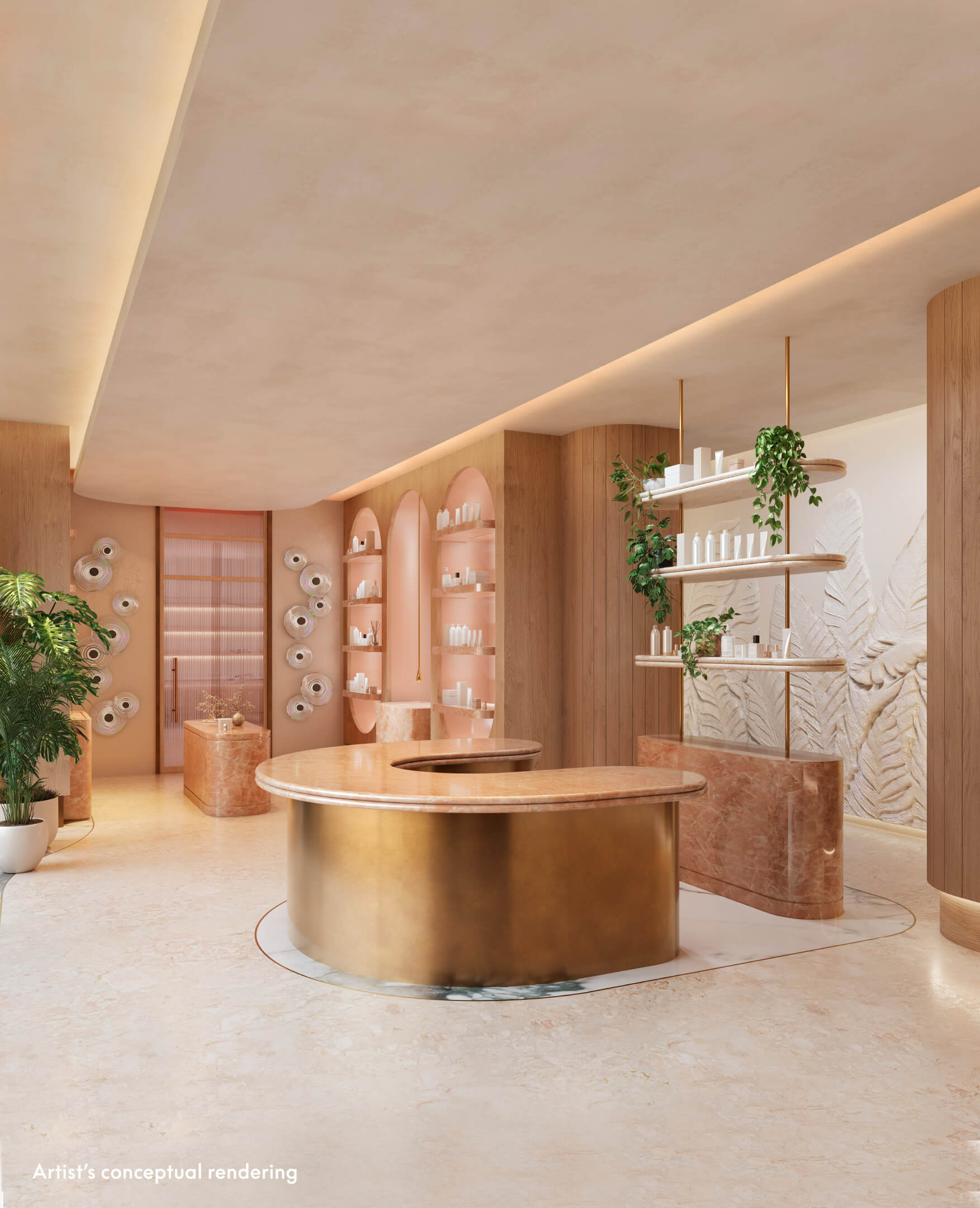 Reception area of W Pompano Beach spa with soft pink design and organic textures