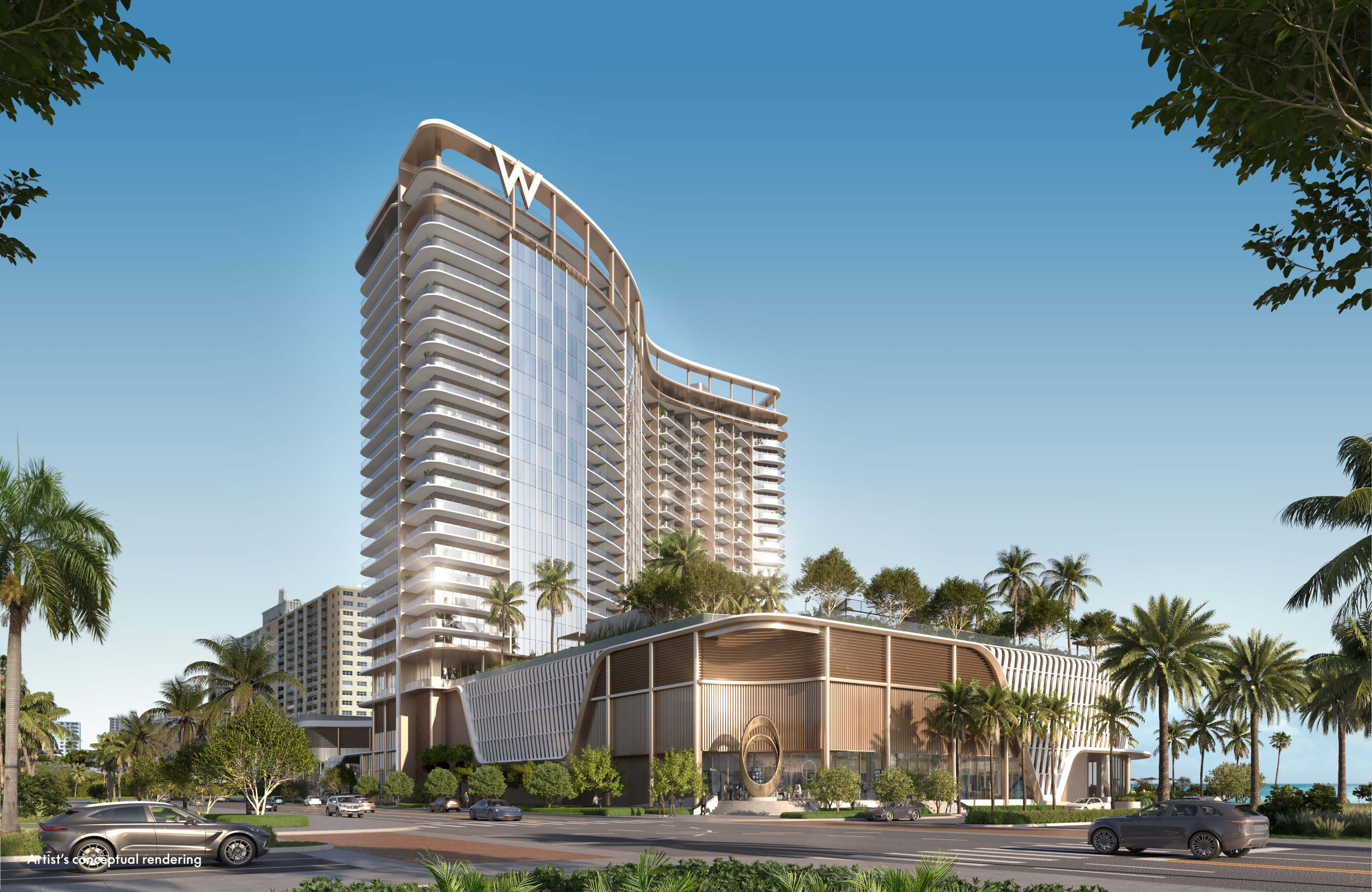 Street-level view of W Pompano Beach showing elegant entrance and modern architecture
