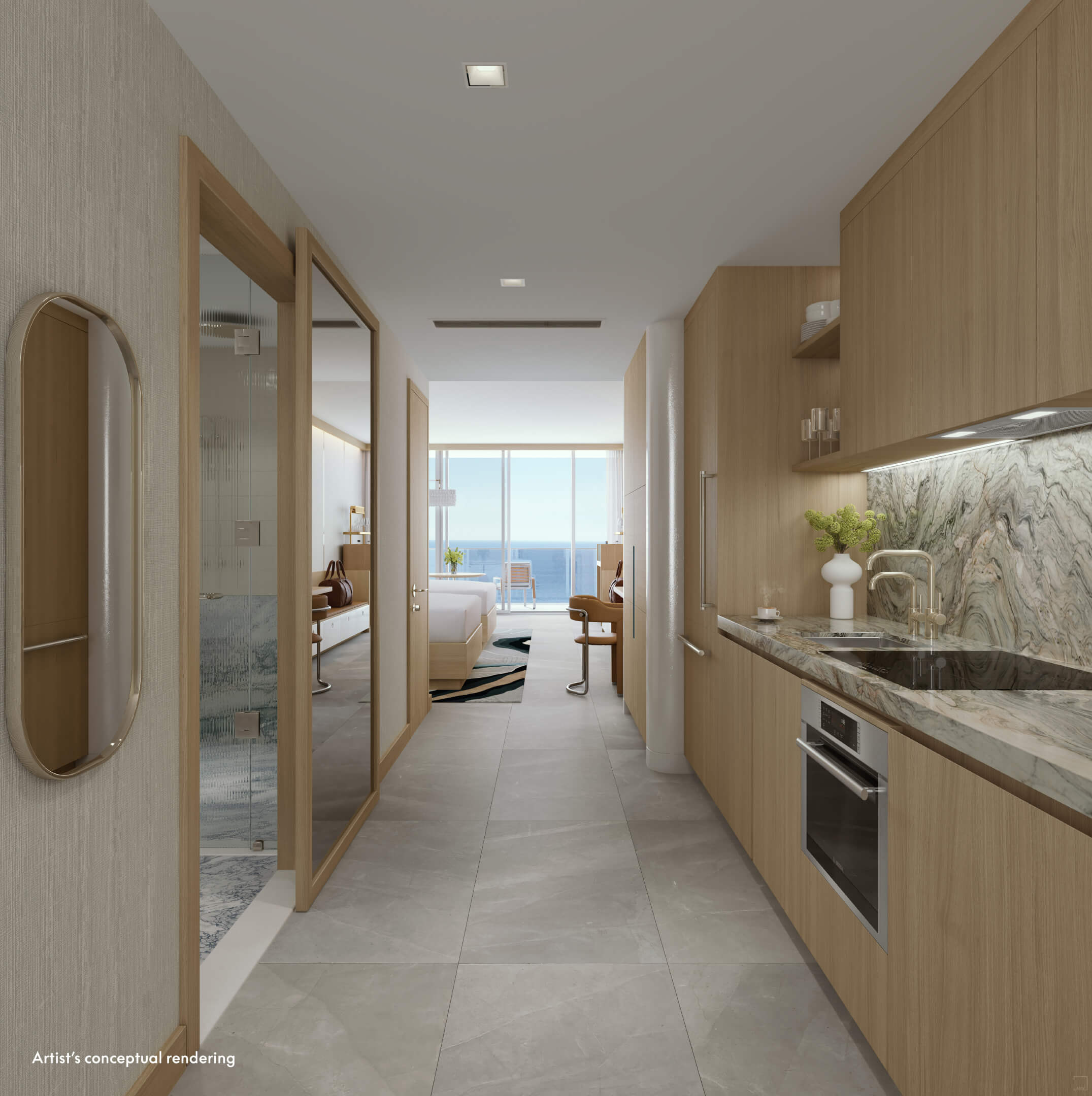 Studio suite at W Pompano Beach featuring kitchenette and ocean-facing bedroom
