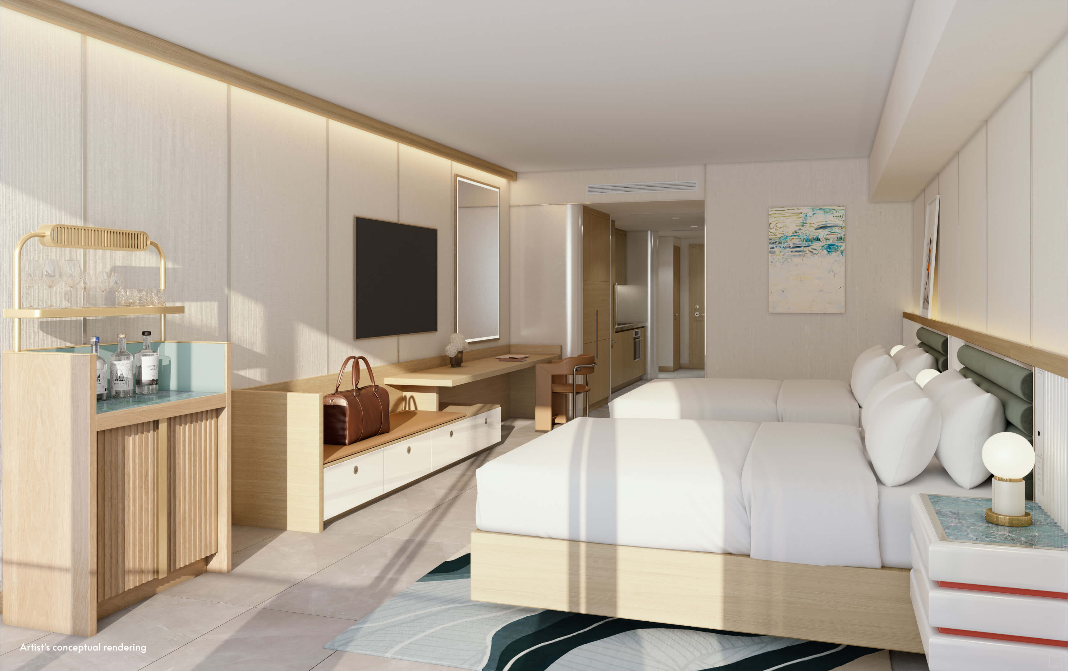 W Pompano Beach suite with work desk, minibar and cozy bedroom setup