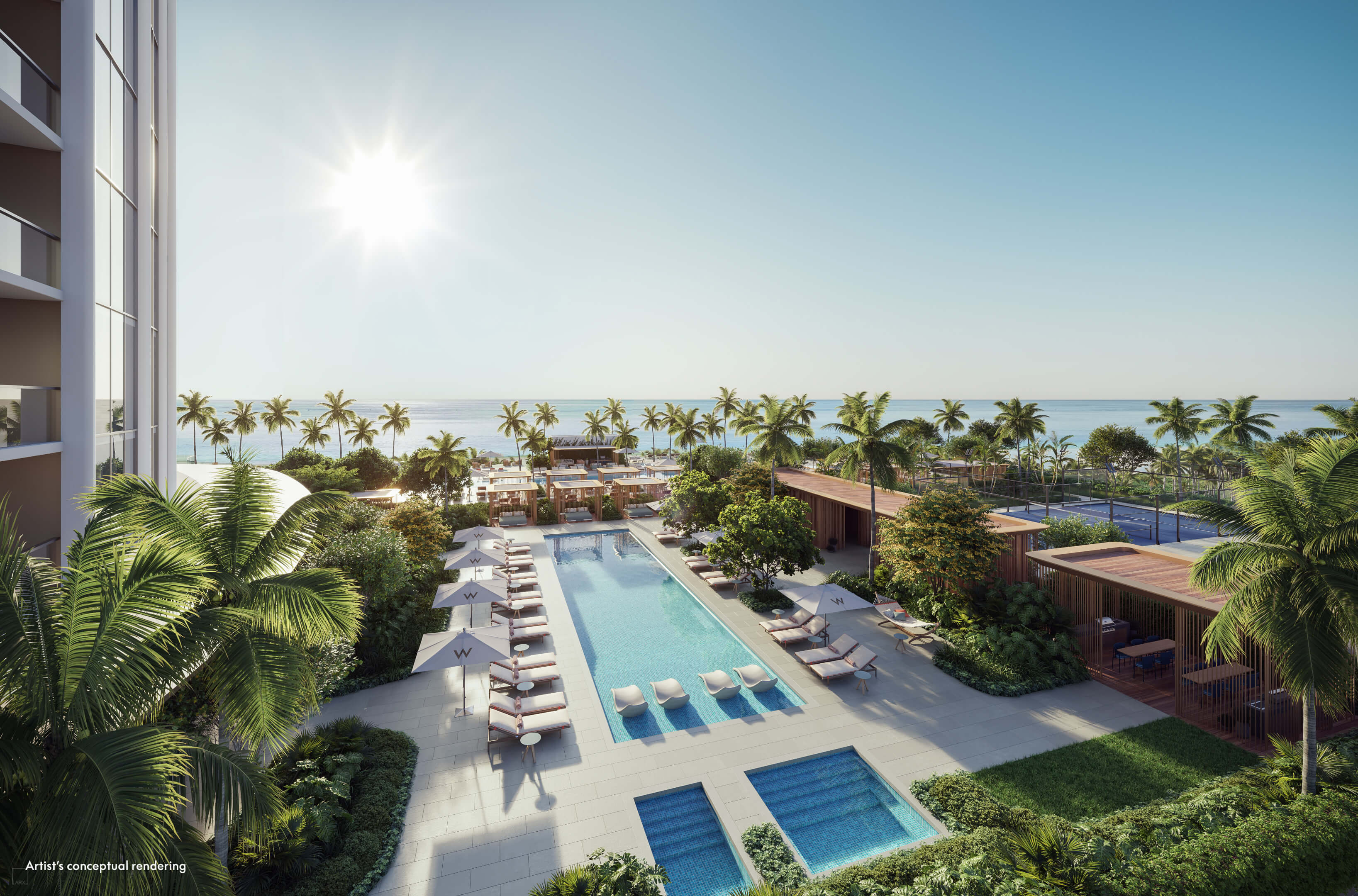 Sunlit cabana and pool area at W Pompano Beach with ocean views