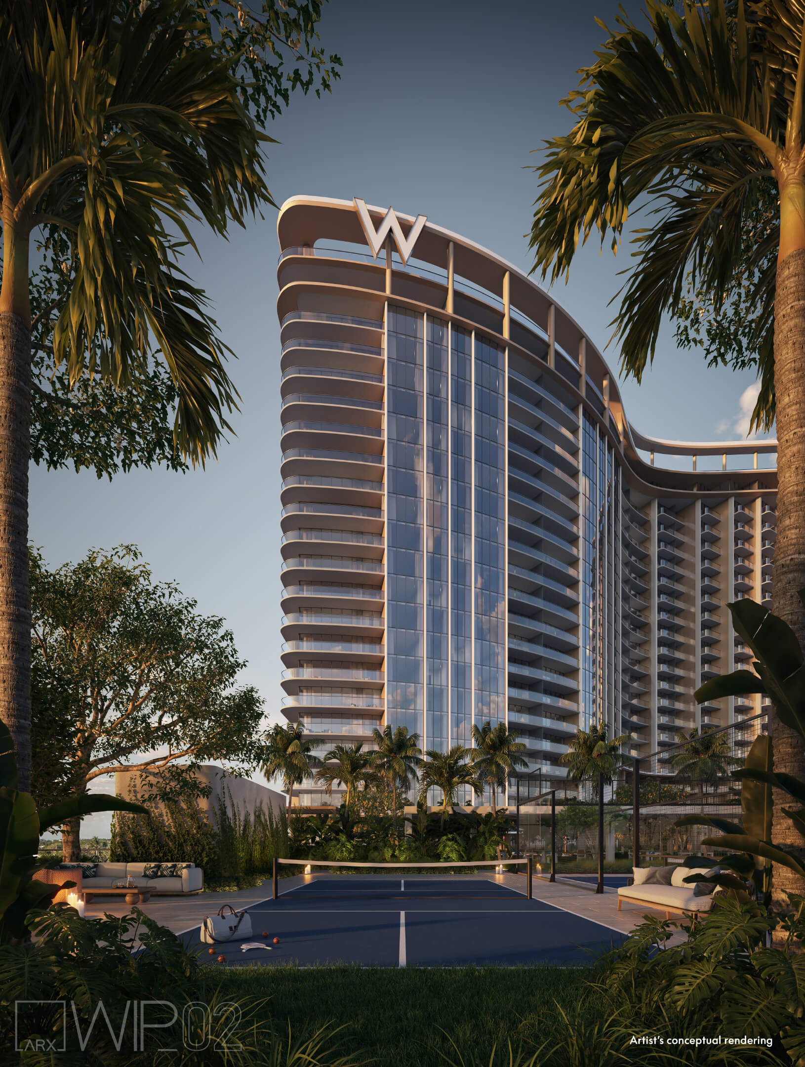 Evening view of W Pompano Beach tower with illuminated tennis court and landscaping