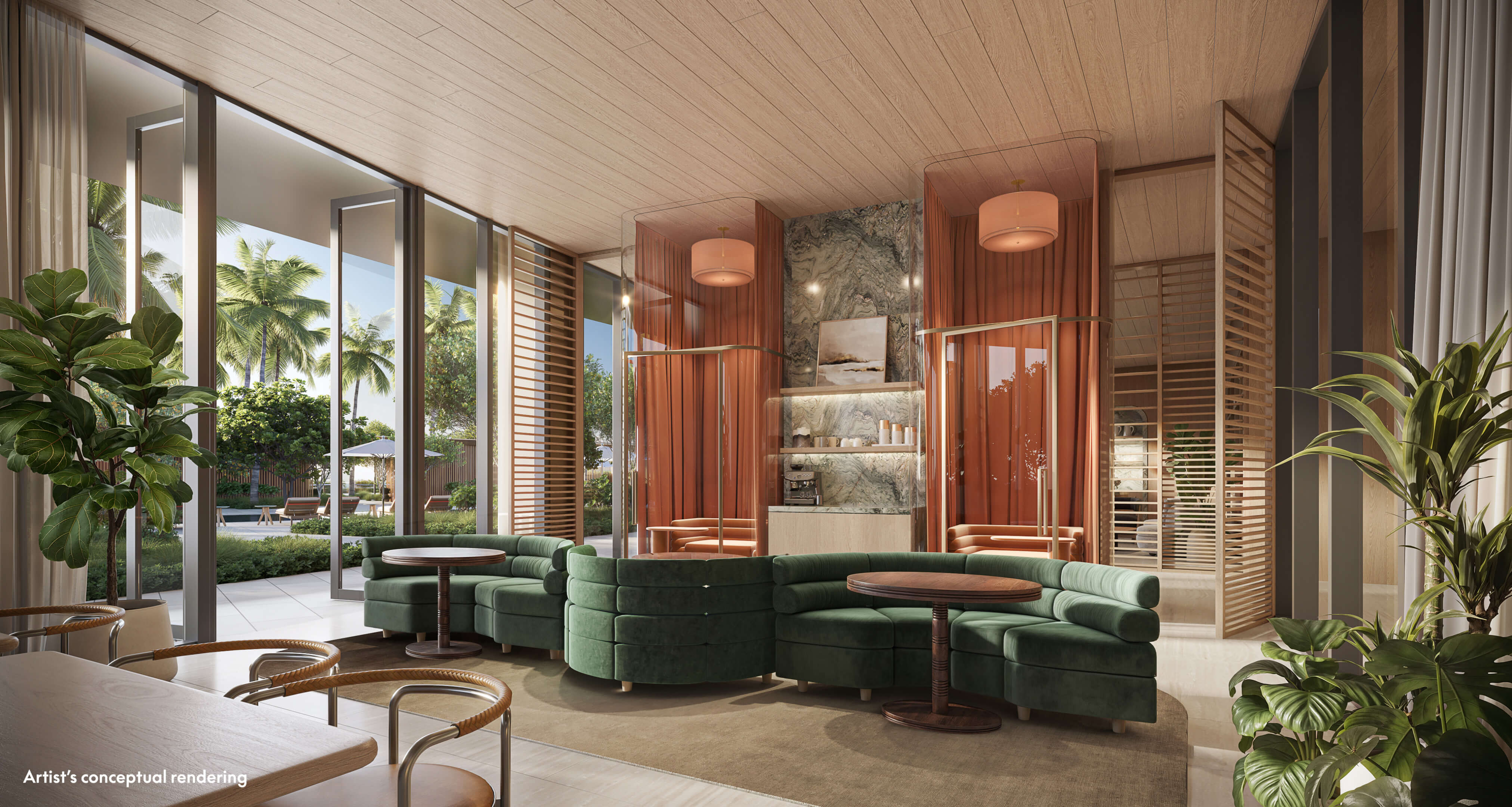 Tropical poolside cabanas and green lounge area at W Pompano Beach