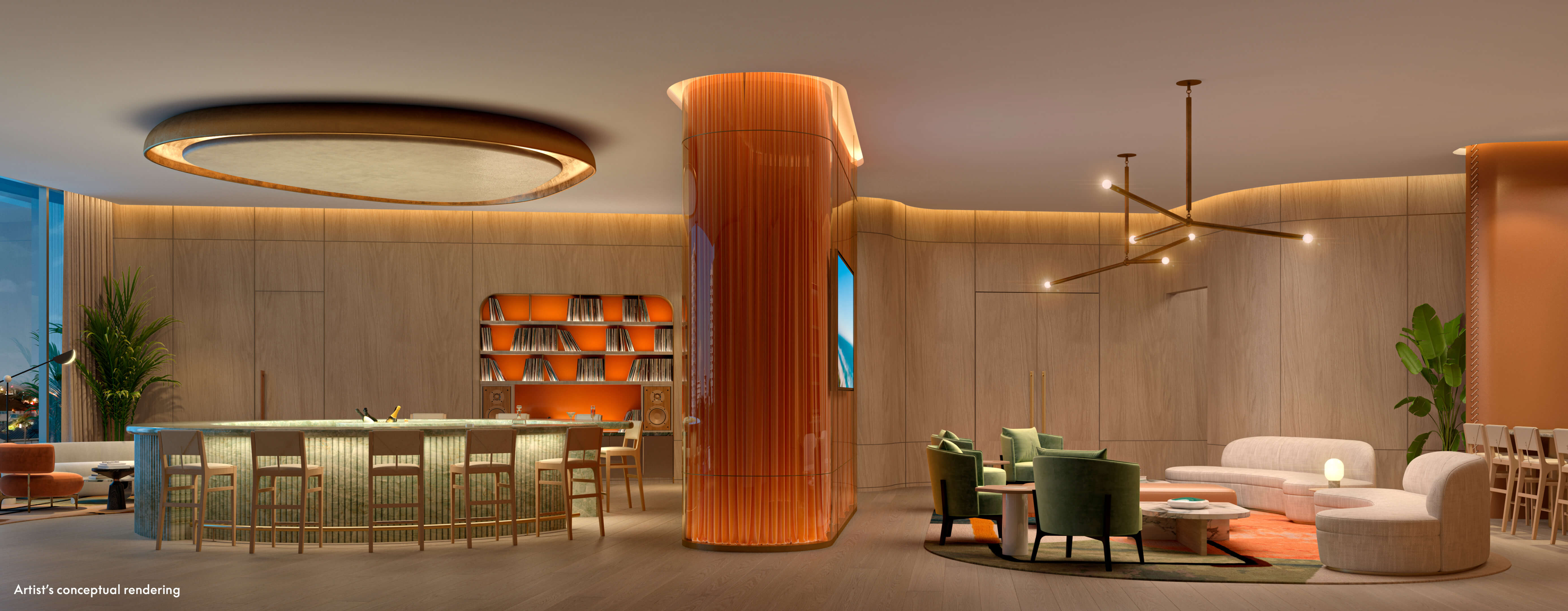 W Pompano Beach bar lounge with vinyl record wall and chic nighttime ambiance