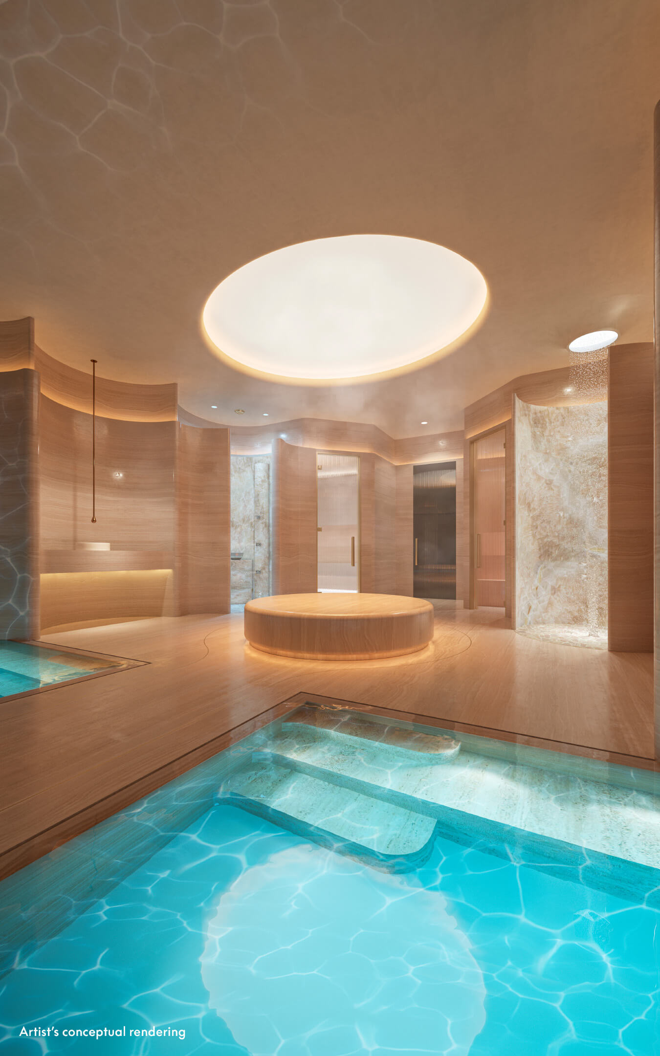 W Pompano Beach wellness center with thermal pools, spa showers and tranquil lighting