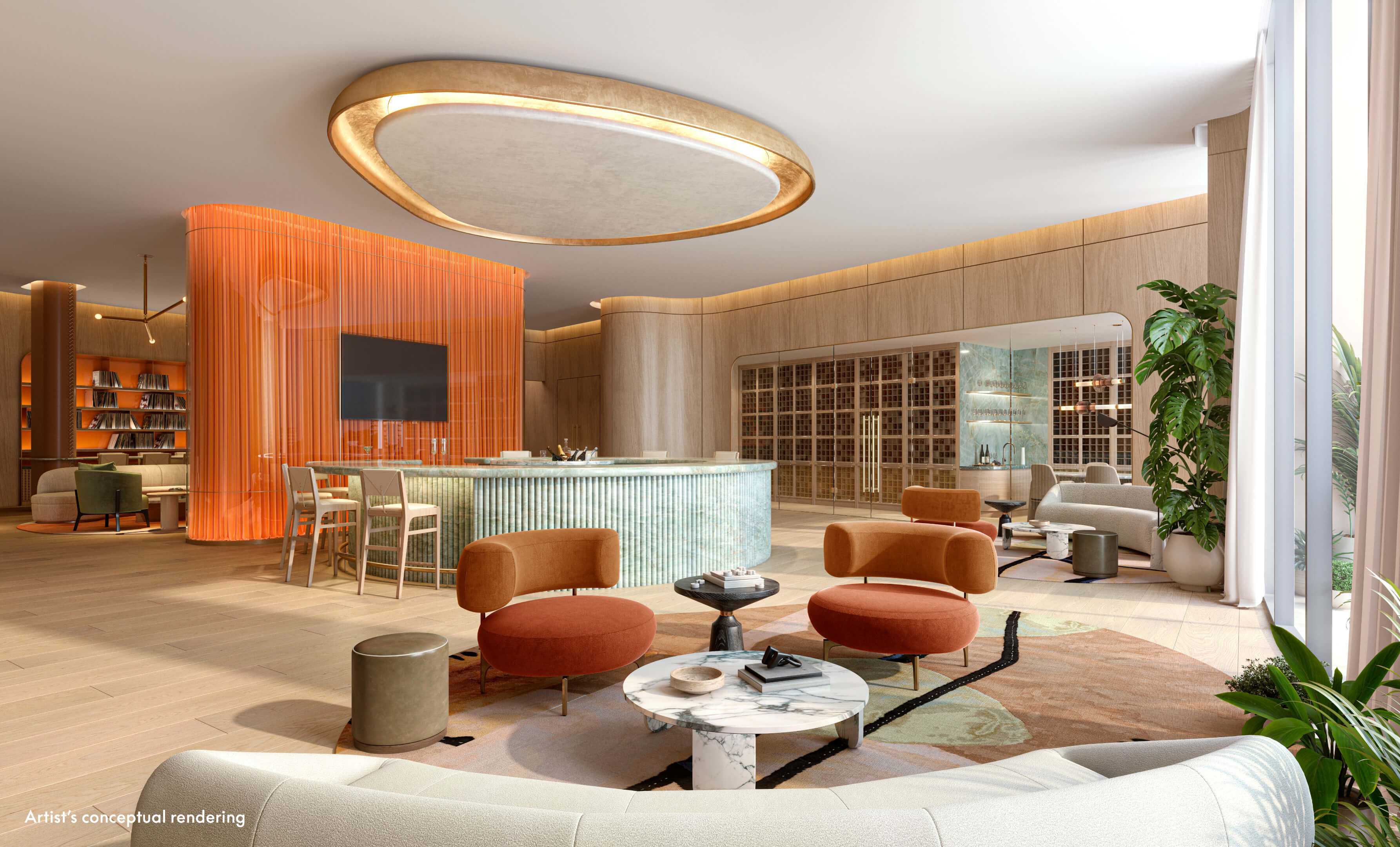 Library and wine bar lounge at W Pompano Beach with vibrant and modern decor