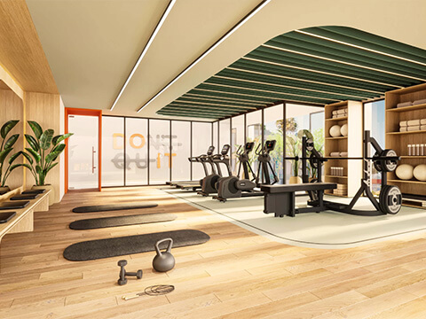 Fitness center at WOMA Wynwood with cardio machines, strength equipment and modern workout spaces