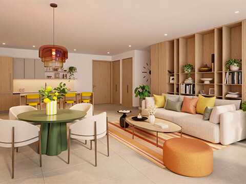 Modern living and dining interior at WOMA Wynwood with warm wood finishes and colorful contemporary decor