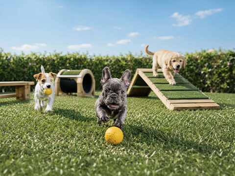 Terrace pet park at WOMA Wynwood with artificial grass, dog agility equipment and outdoor play space