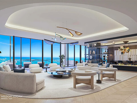 Waldorf Astoria luxury living room with contemporary furnishings and expansive Miami waterfront views