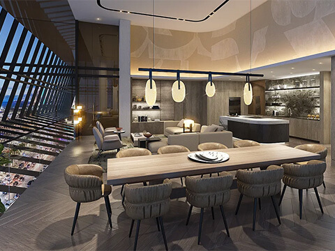 Waldorf Astoria Residences open-plan dining, kitchen and living area with contemporary interiors and city views