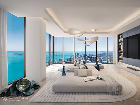 Waldorf Astoria Residences luxury bedroom with floor-to-ceiling windows and panoramic Miami skyline views