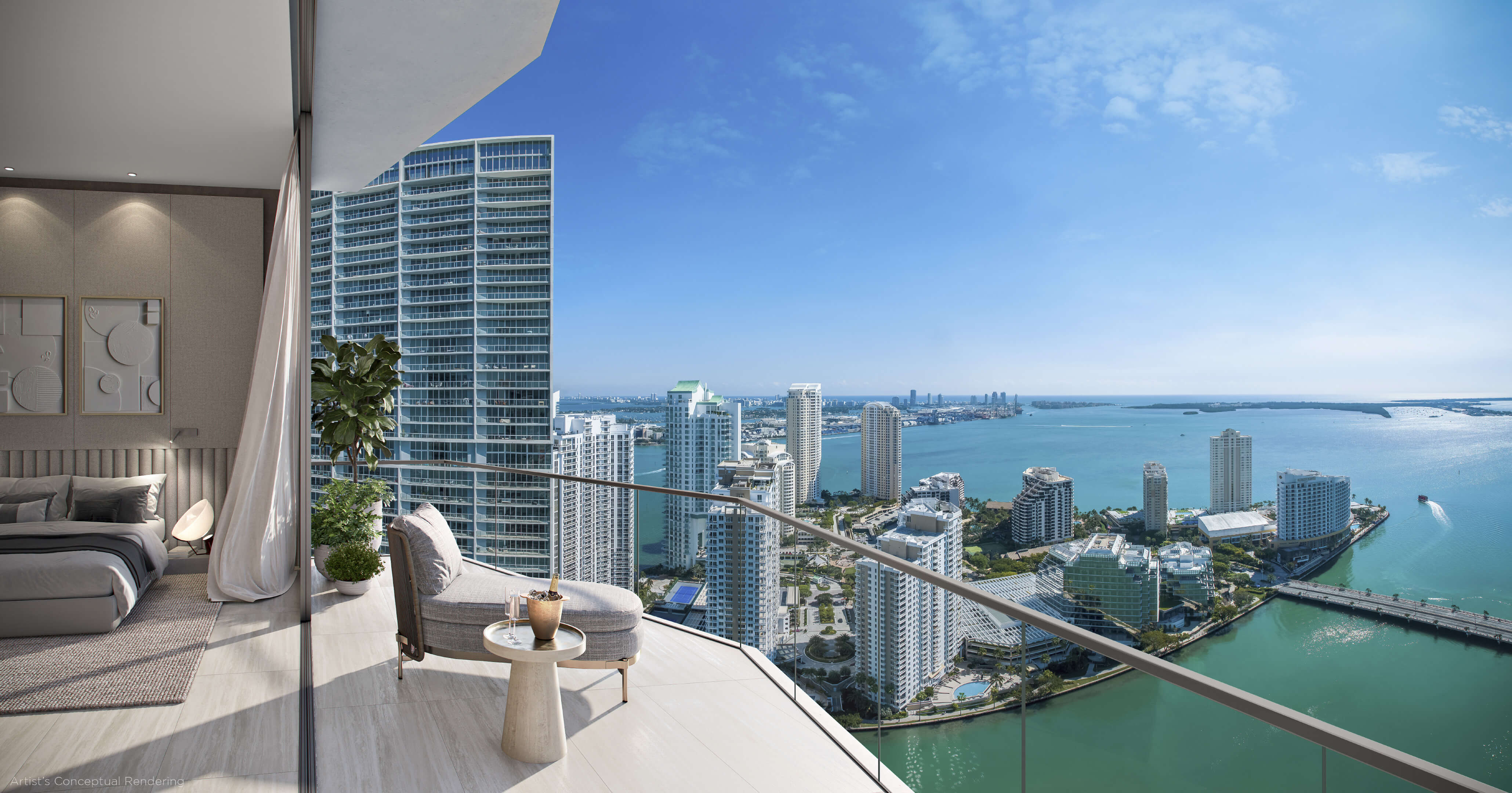 Balcony at Viceroy Brickell with stunning view over Biscayne Bay and city skyline