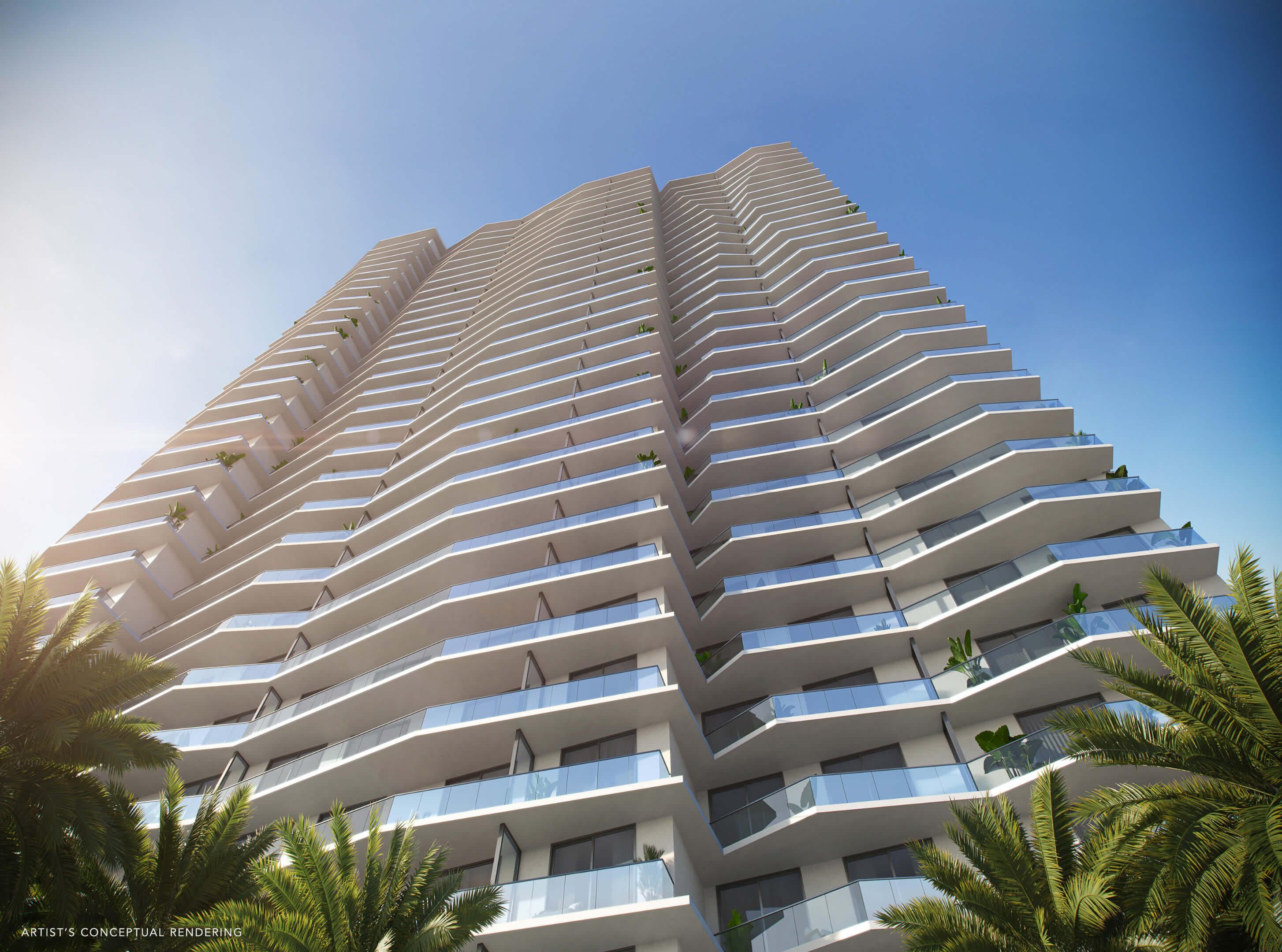 Dynamic angle view of the balcony facade of Viceroy Brickell against a clear Miami sky