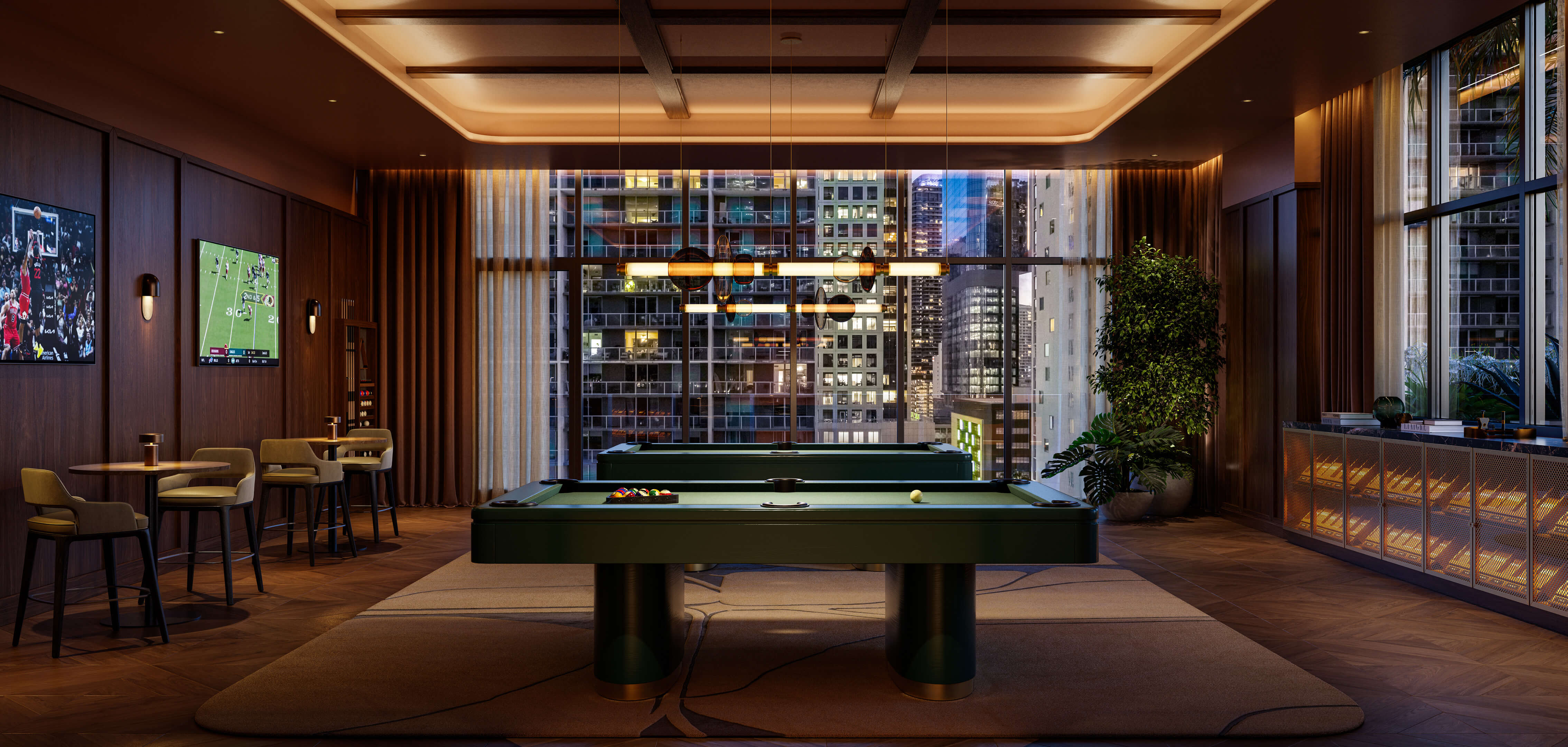 Sophisticated billiards room with city view and lounge area at Viceroy Brickell