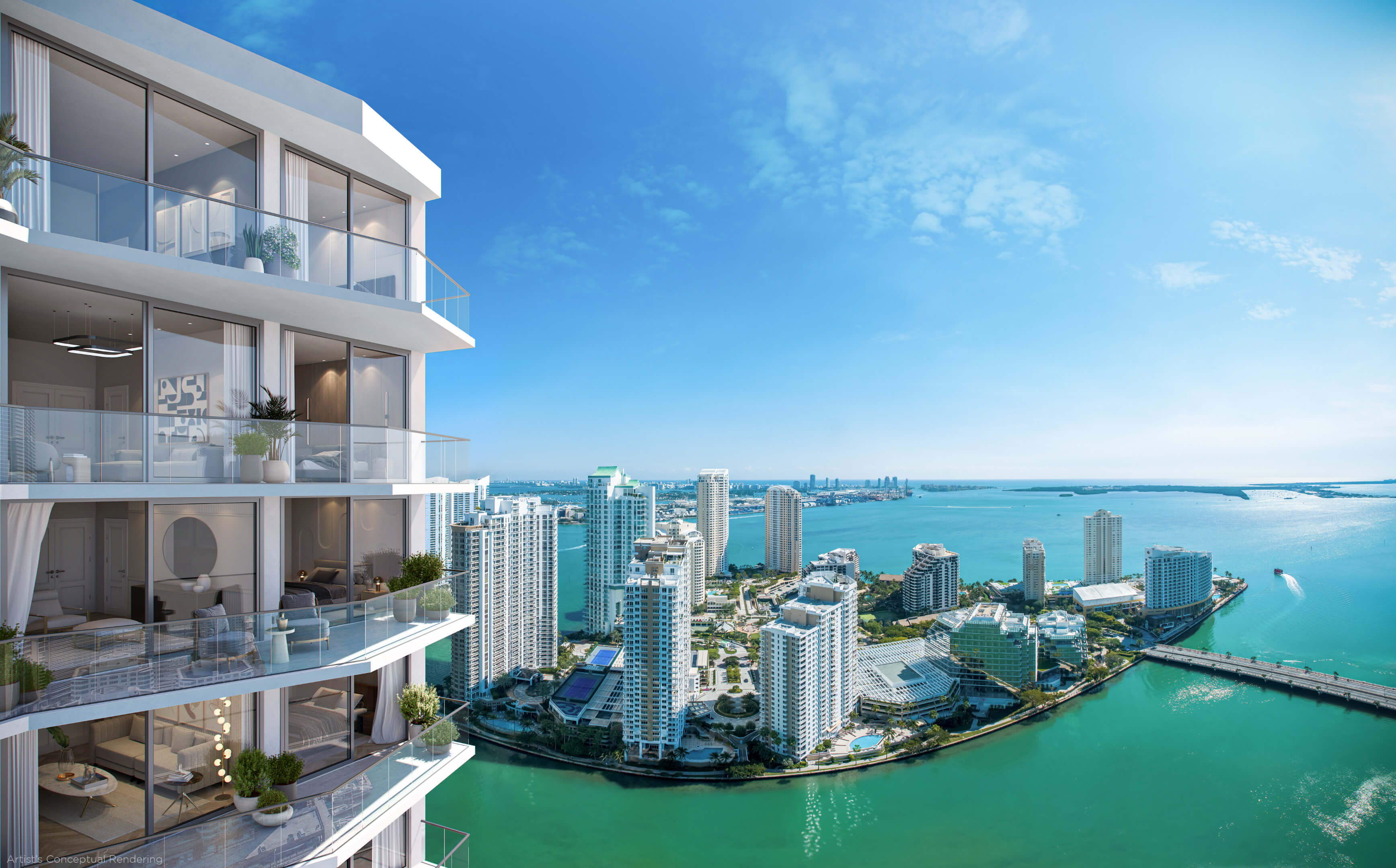 Panoramic daylight view from Viceroy Brickell showing Biscayne Bay and surrounding high-rises