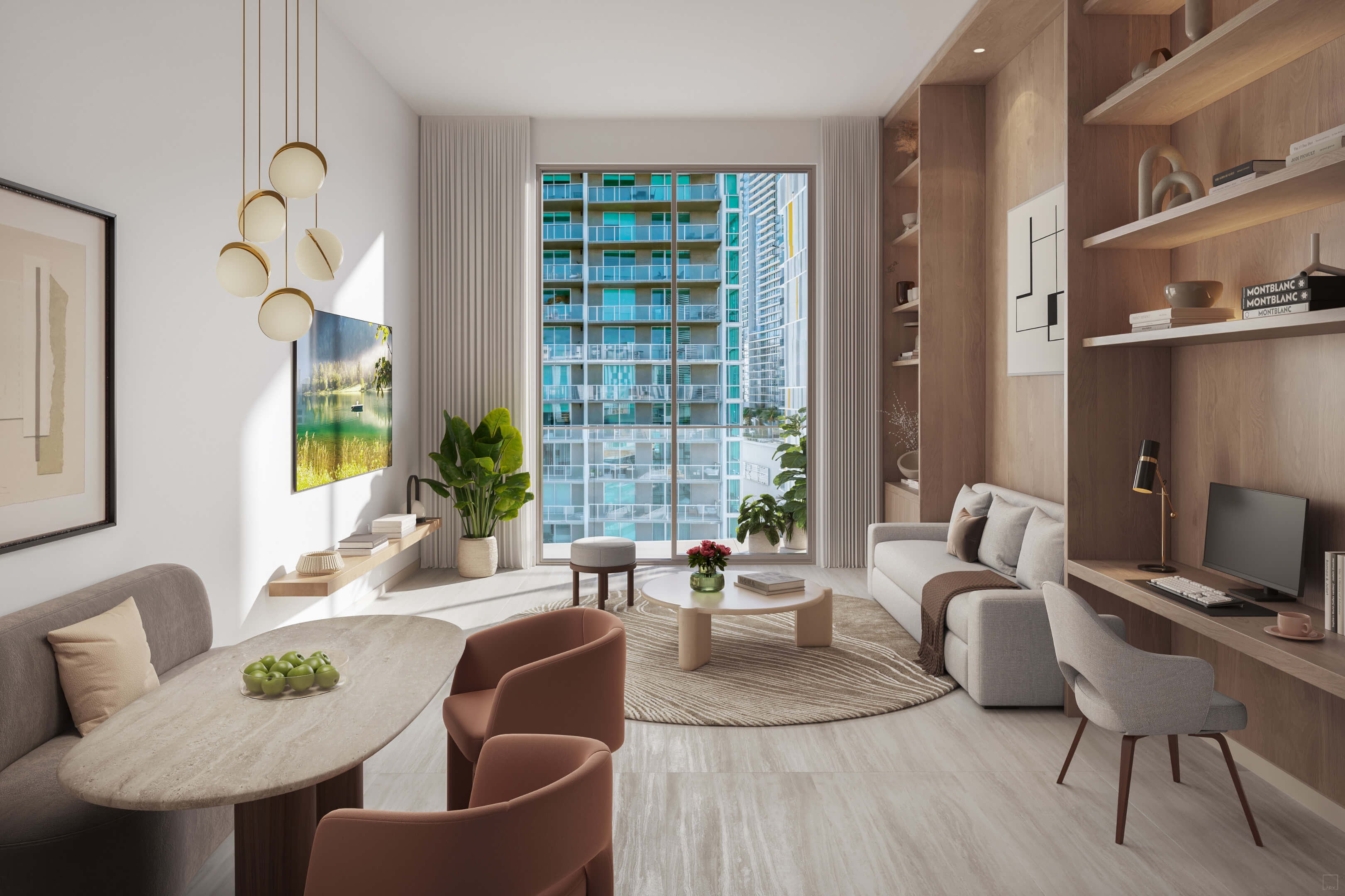 Elegant living room at Viceroy Brickell overlooking private balcony and adjacent towers