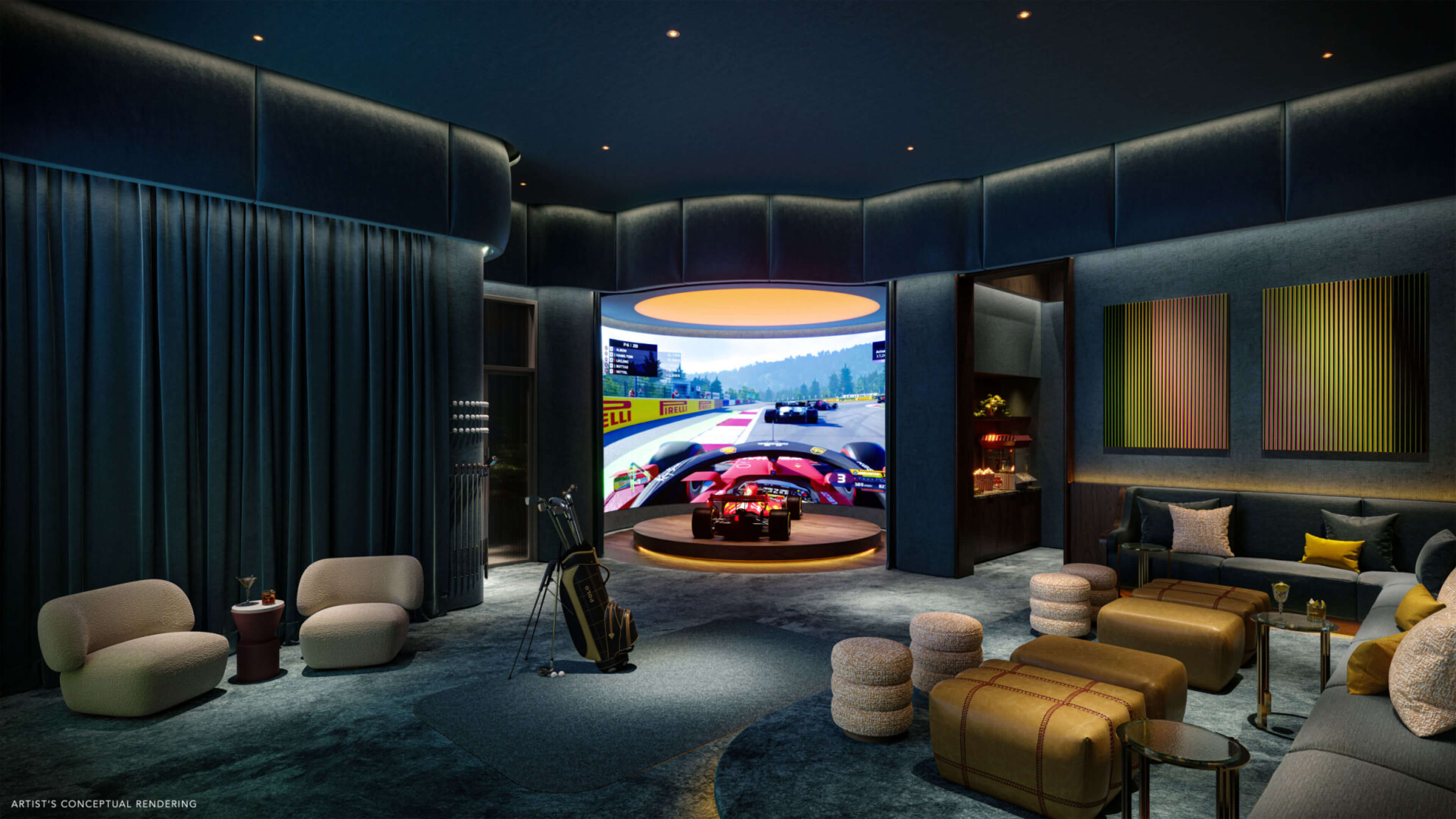 F1 racing simulator lounge with luxury seating and curved screen at Viceroy Brickell