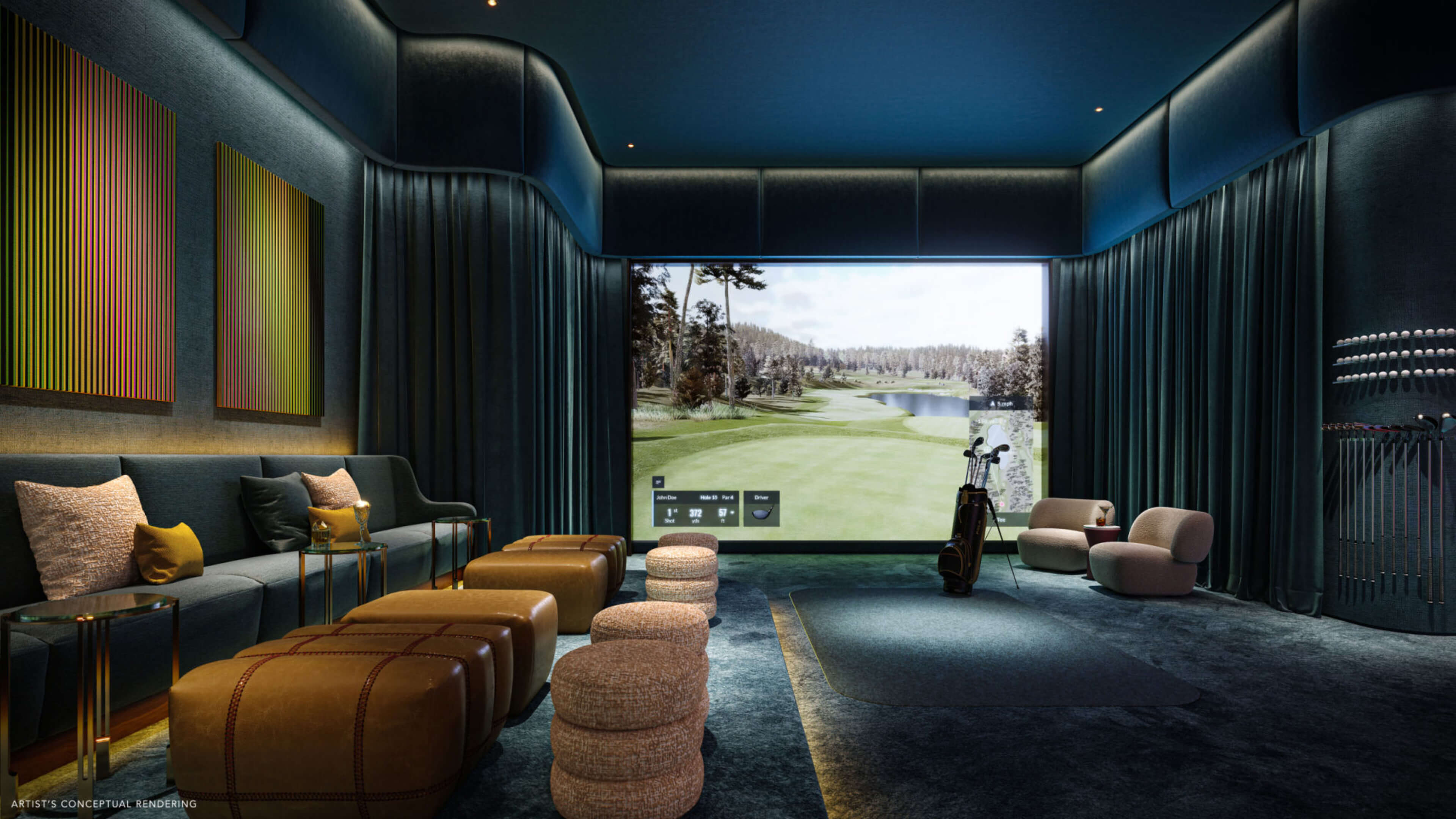 High-end golf simulator room with elegant lounge seating at Viceroy Brickell
