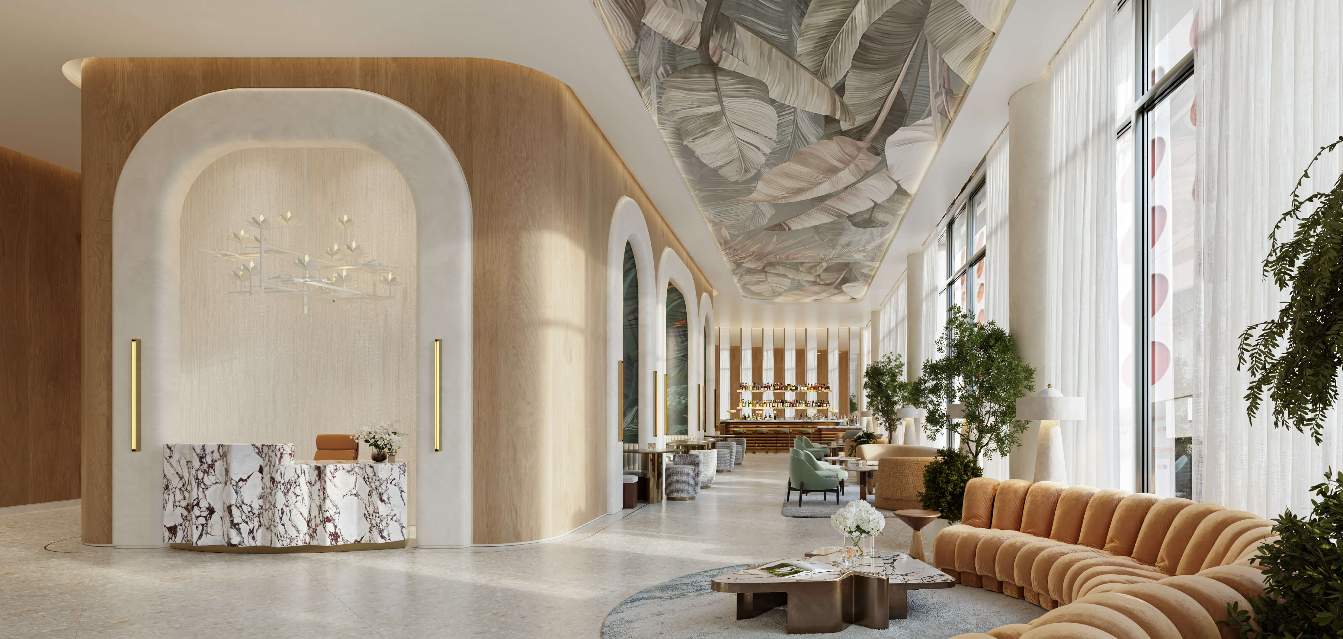High-end interior lounge design at Viceroy Brickell with luxurious finishes and natural light