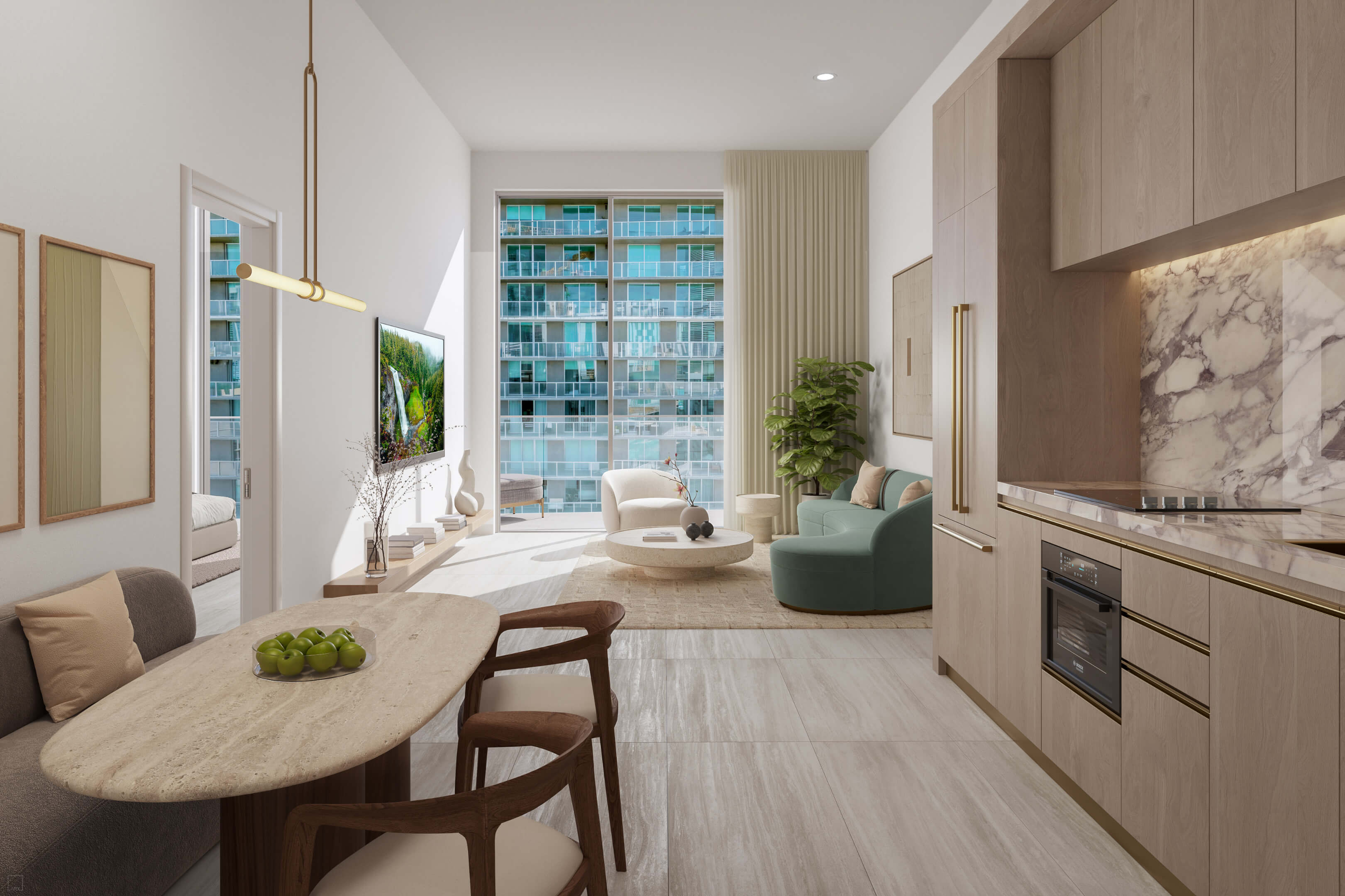 Bright living space with open kitchen and floor-to-ceiling windows at Viceroy Brickell