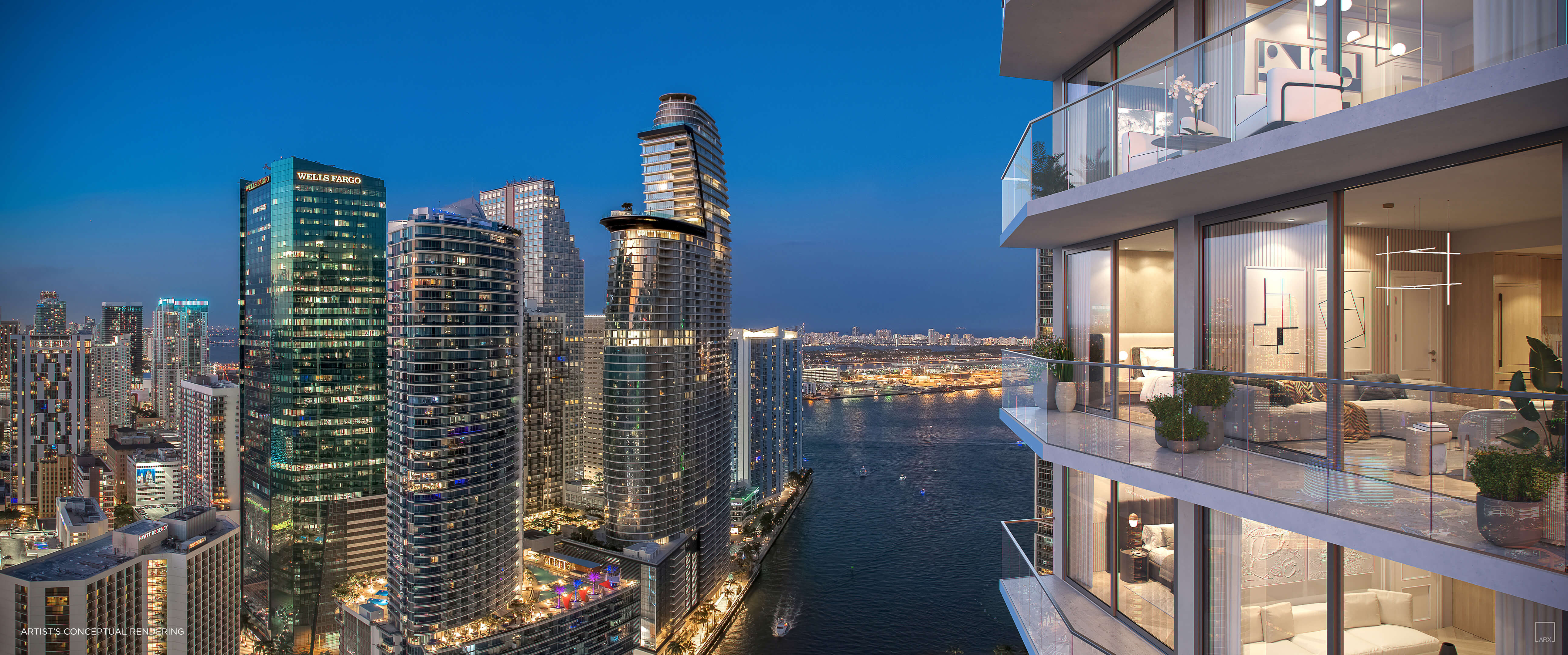 Luxury balconies of Viceroy Brickell with nighttime view over Biscayne Bay and city skyline
