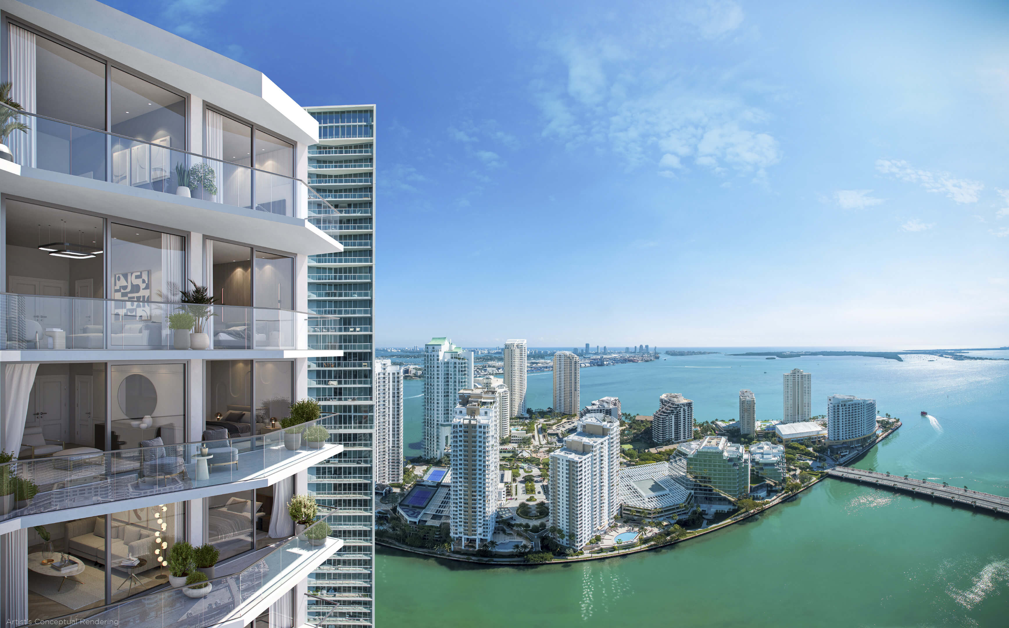 Luxury balconies at Viceroy Brickell with panoramic views over Biscayne Bay and Miami skyline