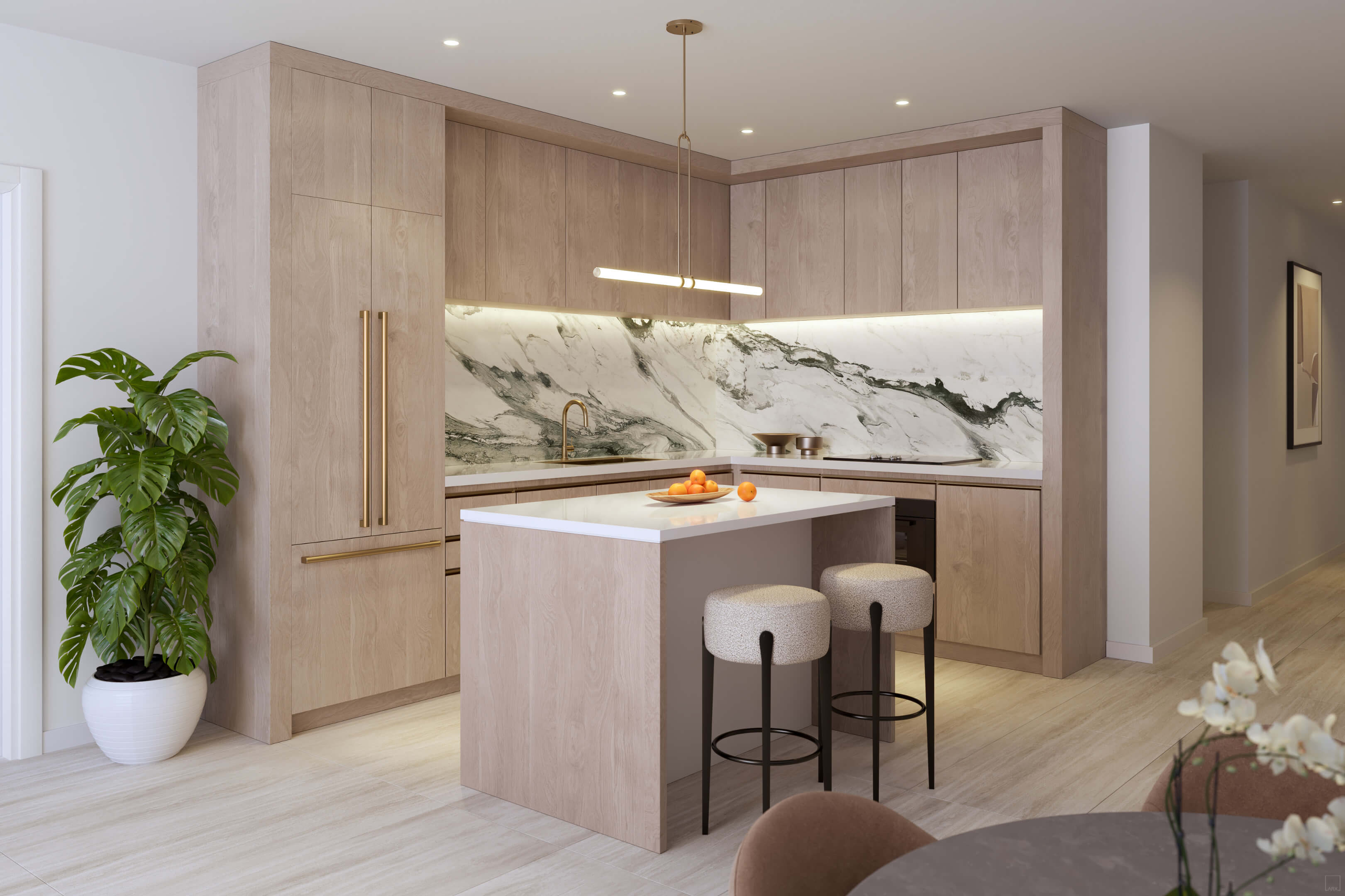 Luxurious kitchen with island and marble finishes at Viceroy Brickell