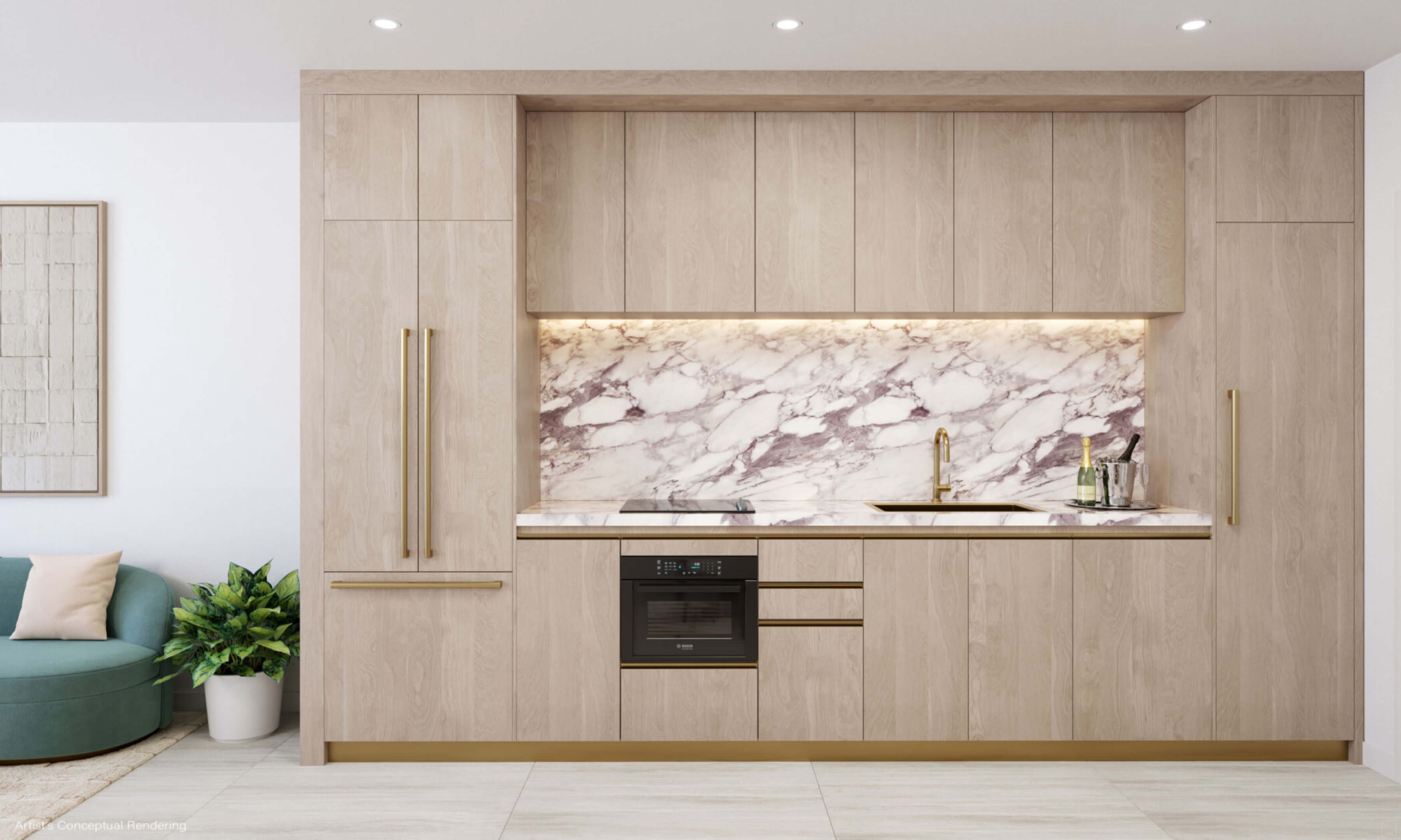Sleek kitchen design with marble backsplash and wood cabinetry at Viceroy Brickell