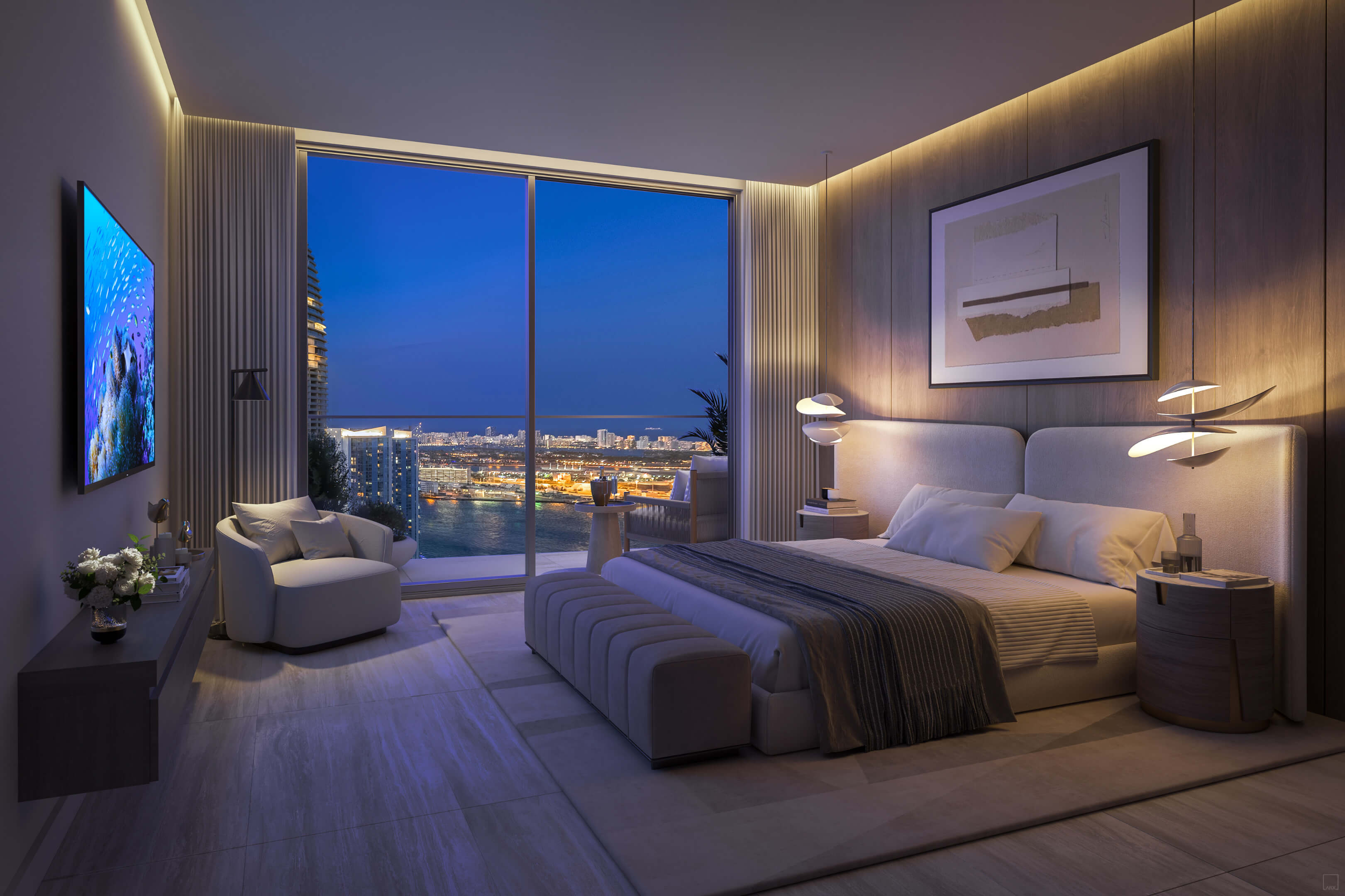 Master bedroom at Viceroy Brickell with panoramic night view over Miami
