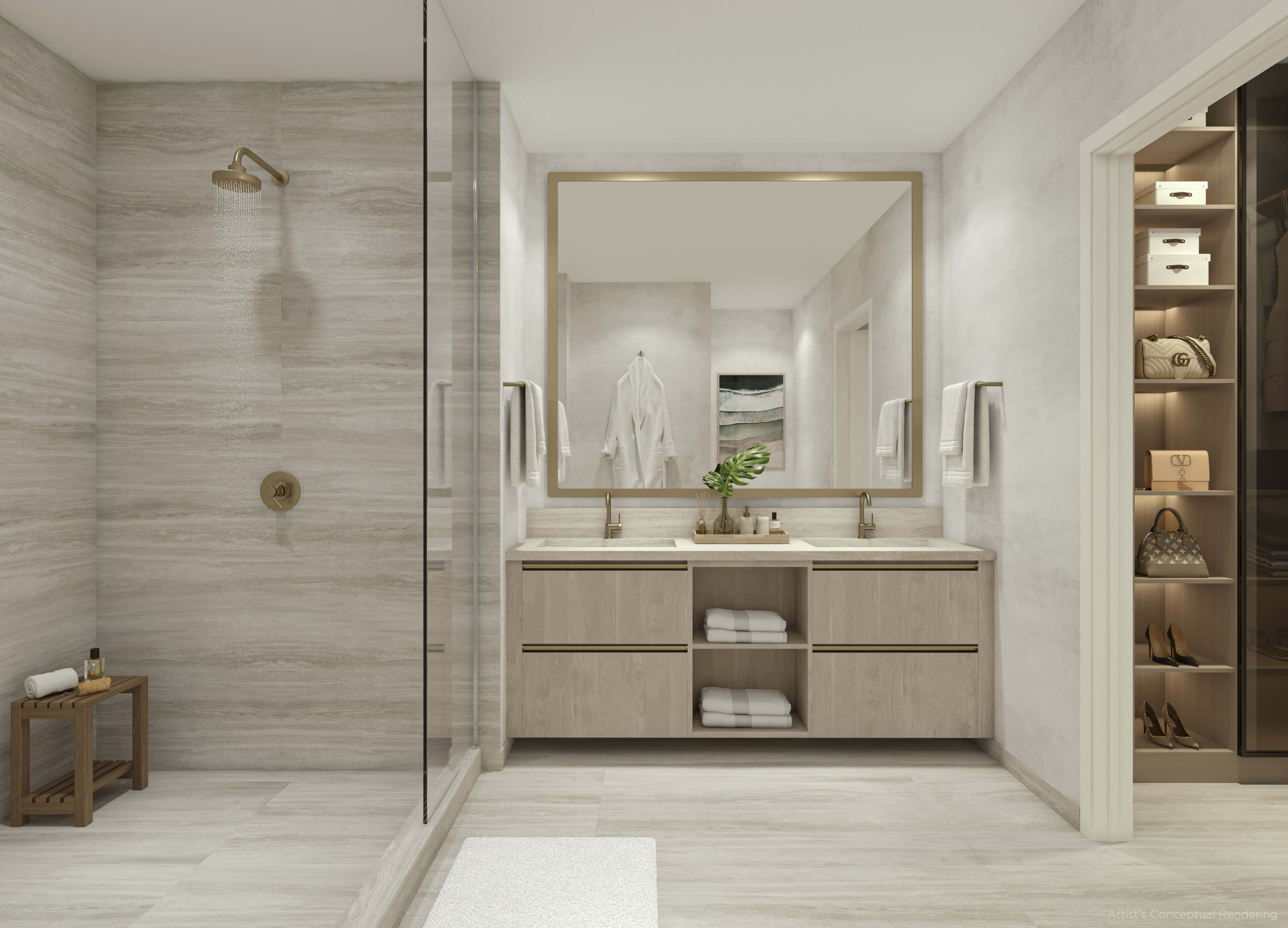 Spacious modern bathroom with double vanity and walk-in shower at Viceroy Brickell