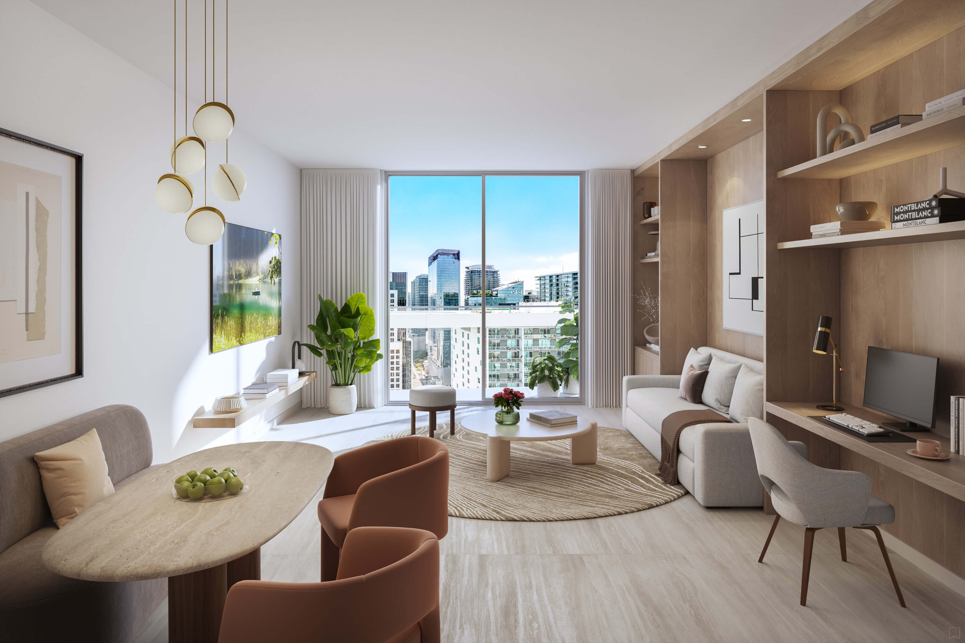 Modern living room interior at Viceroy Brickell with city skyline views