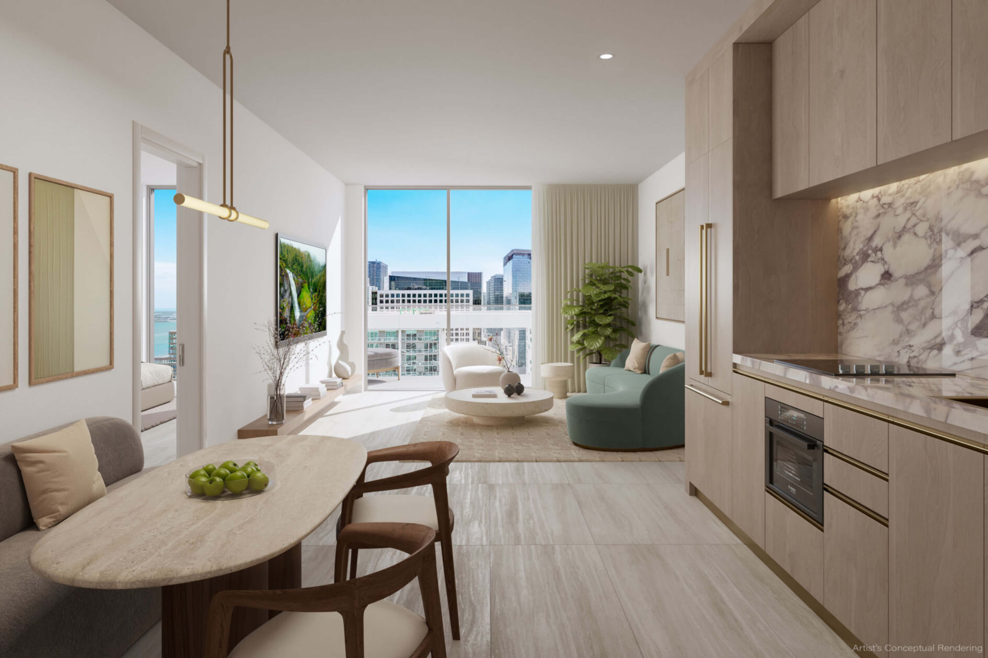 Modern kitchen and living area of a Viceroy Brickell residence with elegant interior styling
