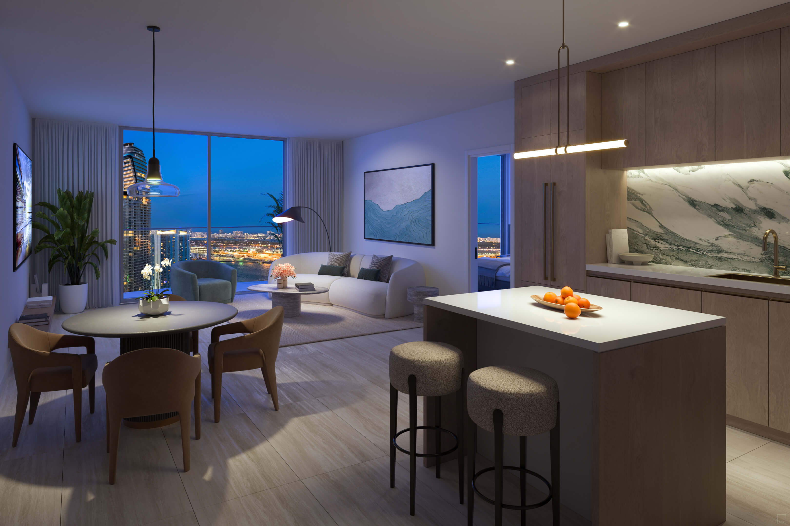 Contemporary nighttime interior at Viceroy Brickell with view of waterfront and skyline