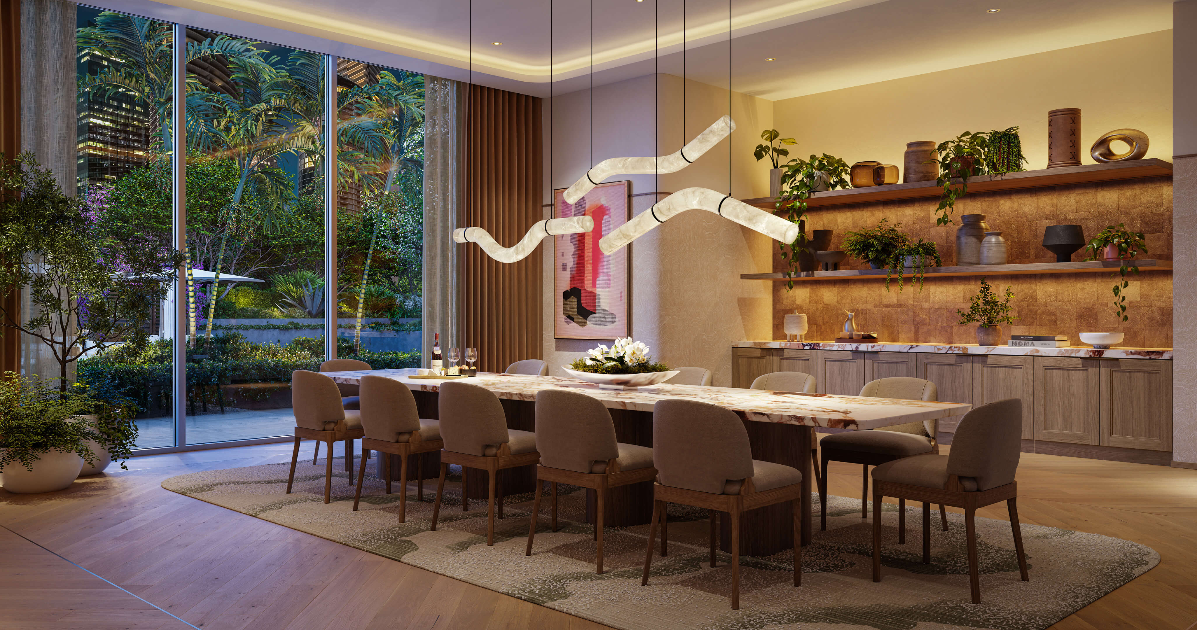 Elegant private dining room with garden view and sculptural lighting at Viceroy Brickell