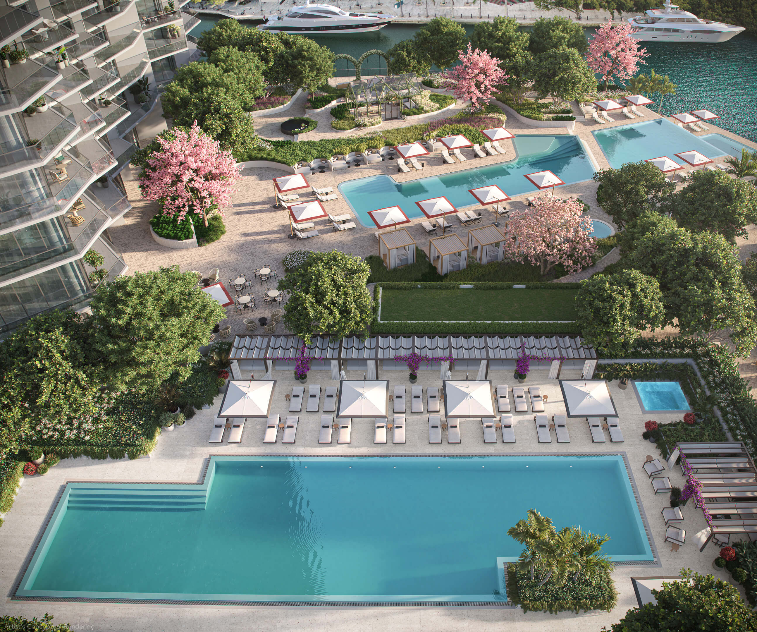 Outdoor lounge and BBQ area at Viceroy Brickell Residences with skyline and garden ambiance
