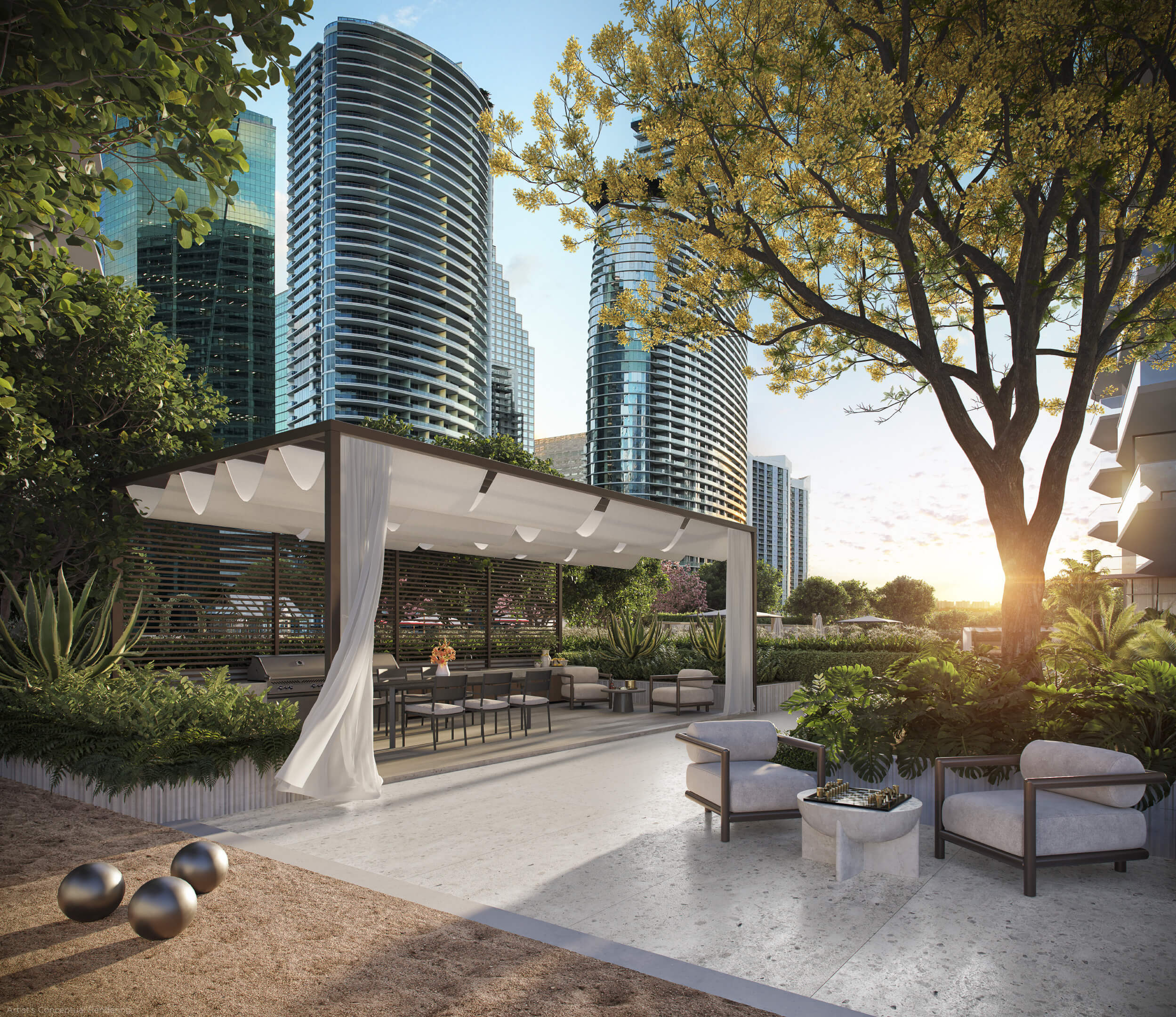 Sun deck and swimming pool at Viceroy Brickell Residences with skyline backdrop at sunrise