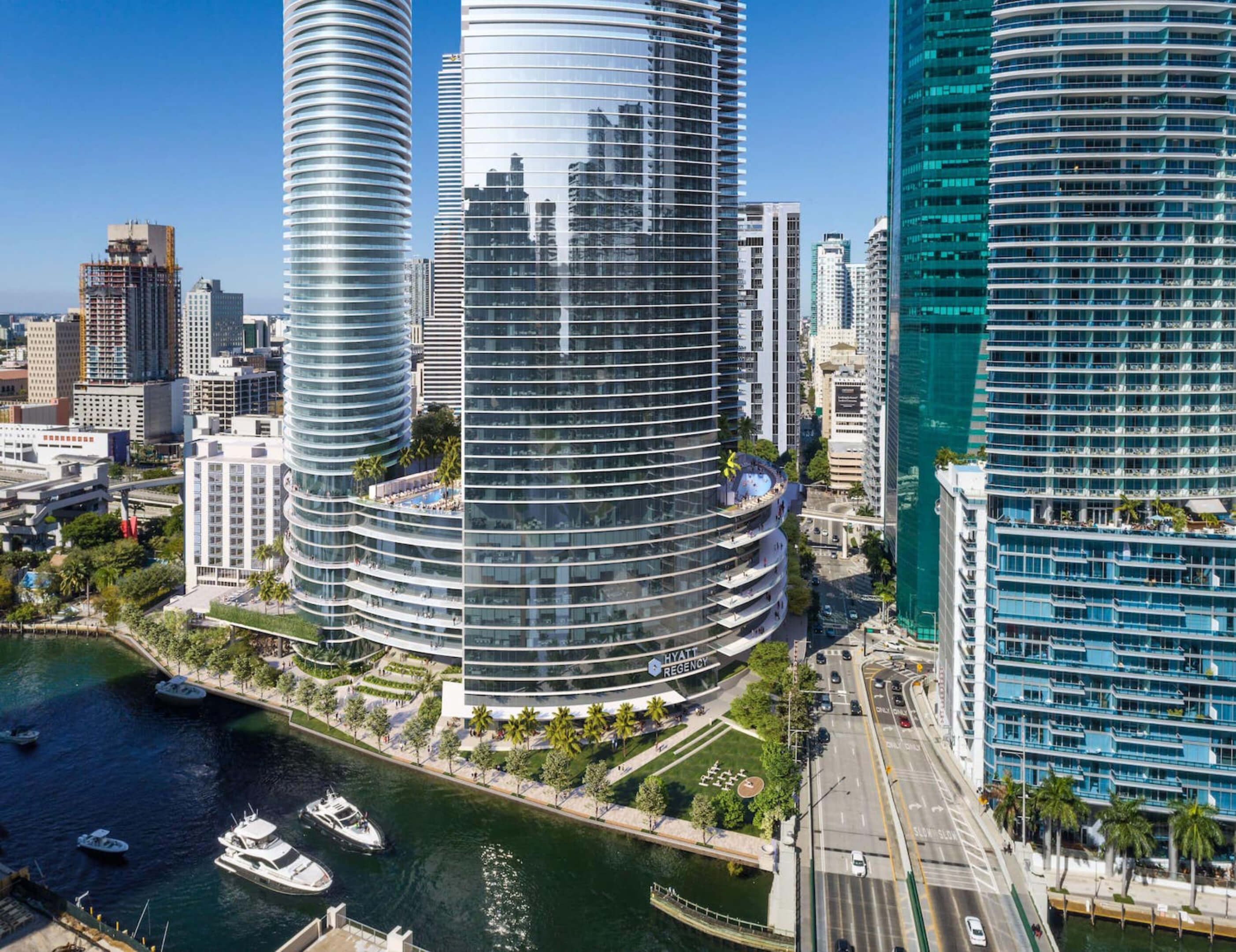 Close-up of modern architecture and riverfront setting of Viceroy Brickell in Downtown Miami