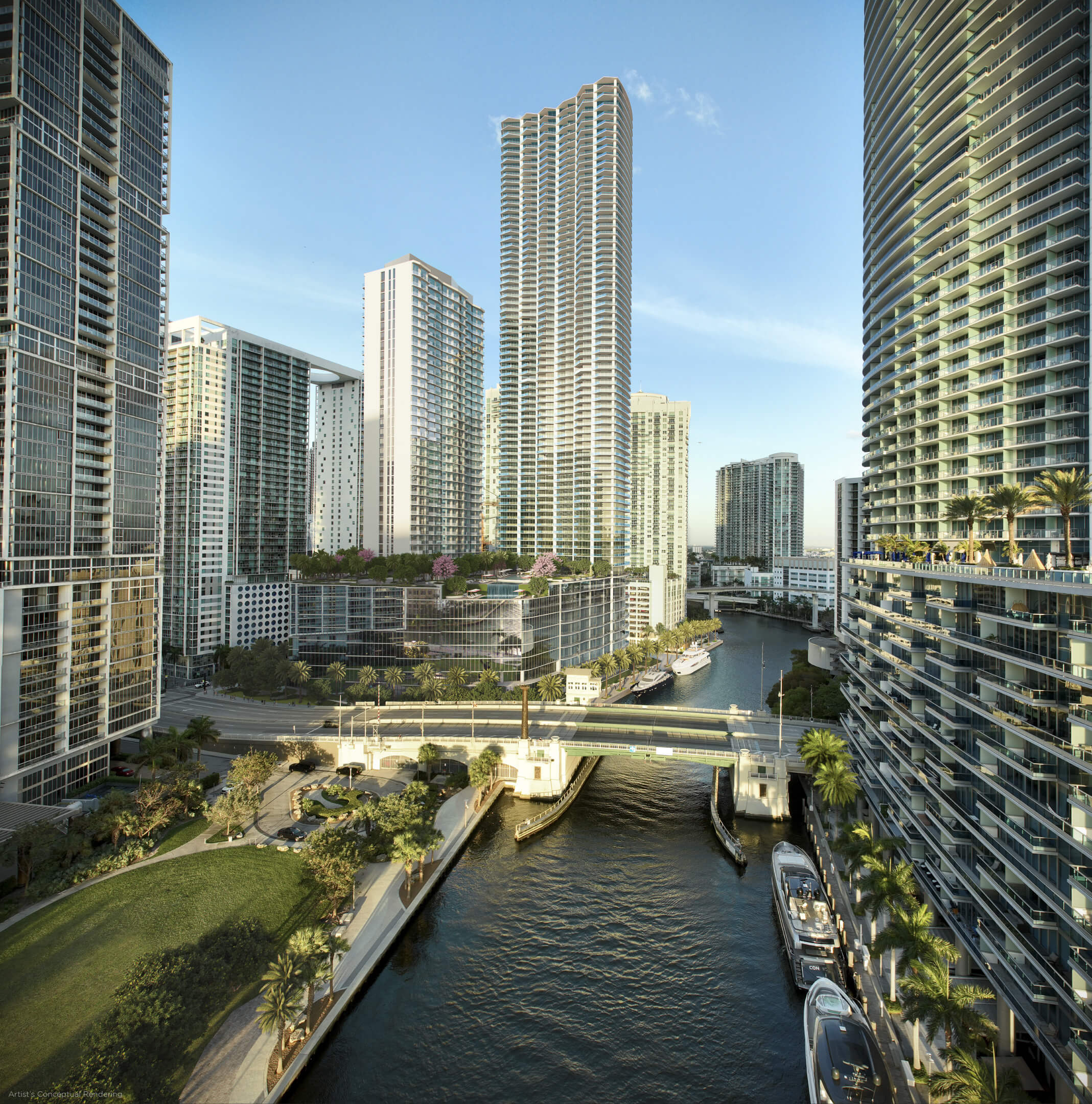 Riverfront view of Viceroy Brickell surrounded by modern condos and luxury towers in Miami