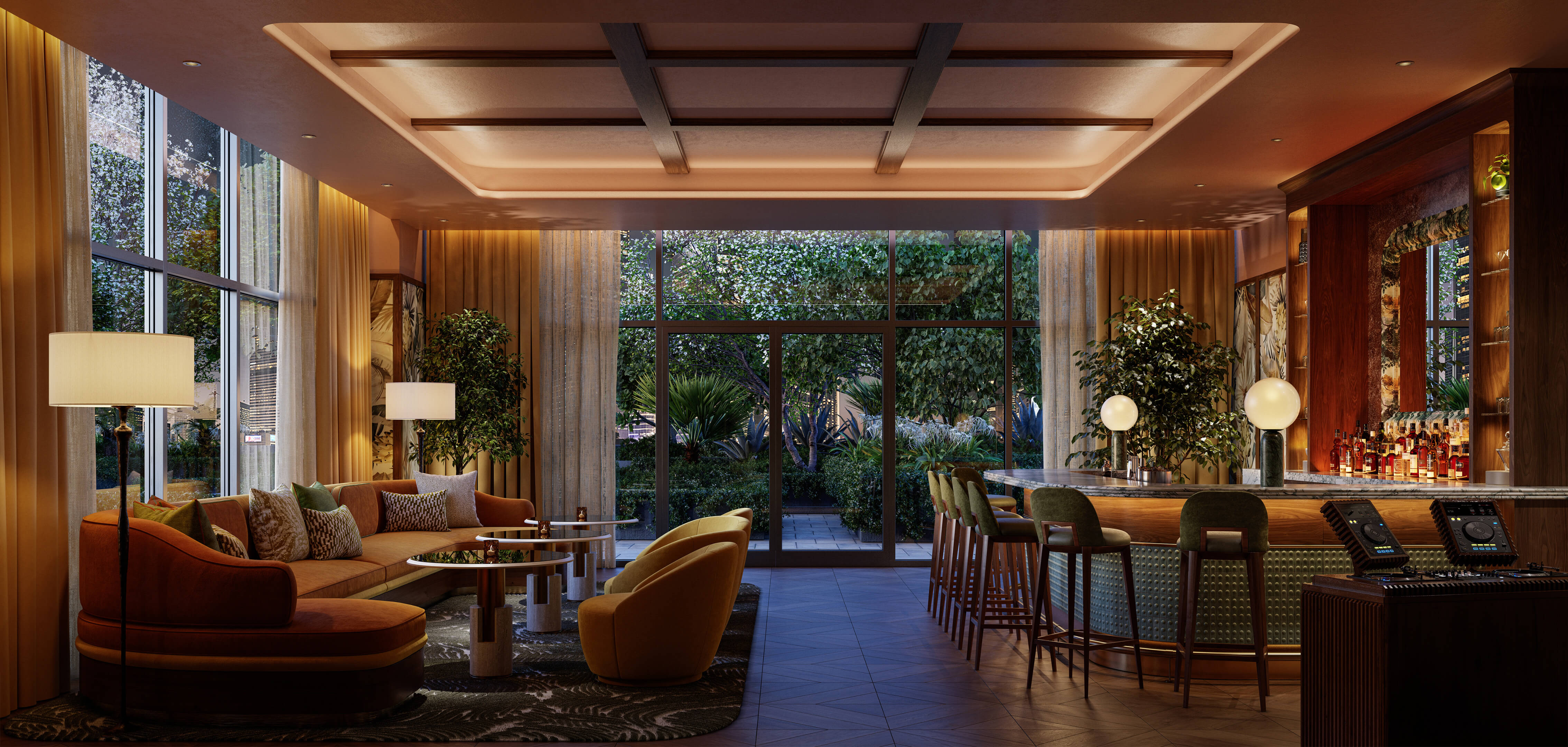 Chic speakeasy-inspired lounge with bar and garden access at Viceroy Brickell